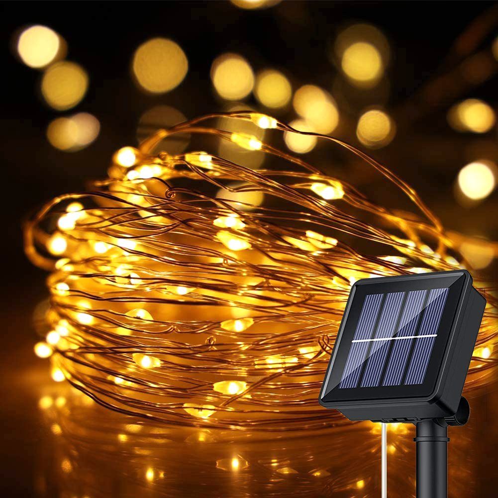 100LED 12m Solar Lichterkette Kupferdraht Warmweiß Außen Beleuchtung Party Deko 