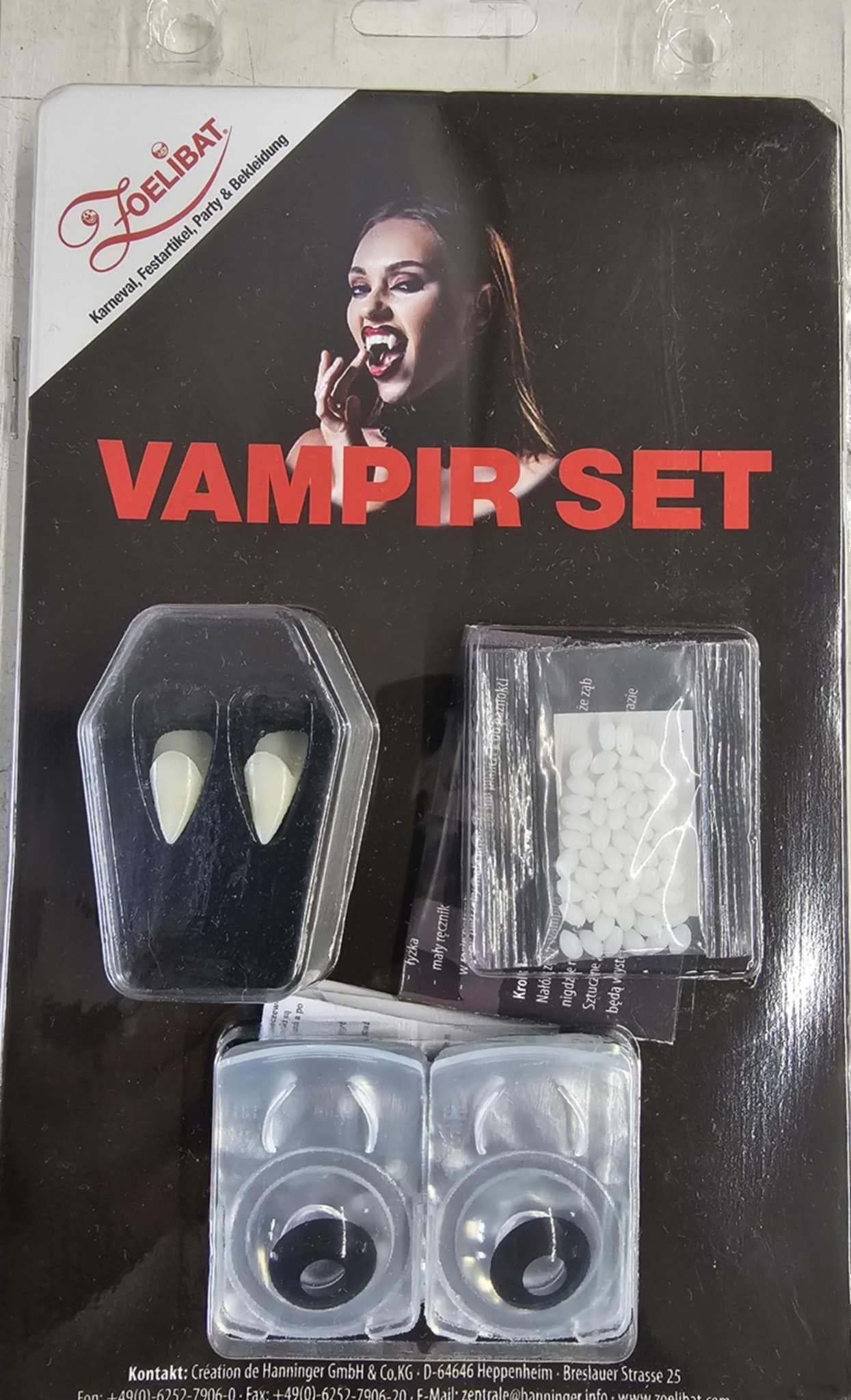 Zoelibat Vampir-Kostüm Vampir Set mit Kontaktlinsen Schwarz & Vampirzähne Halloween Karneval, 2-Tlg Vampir Set