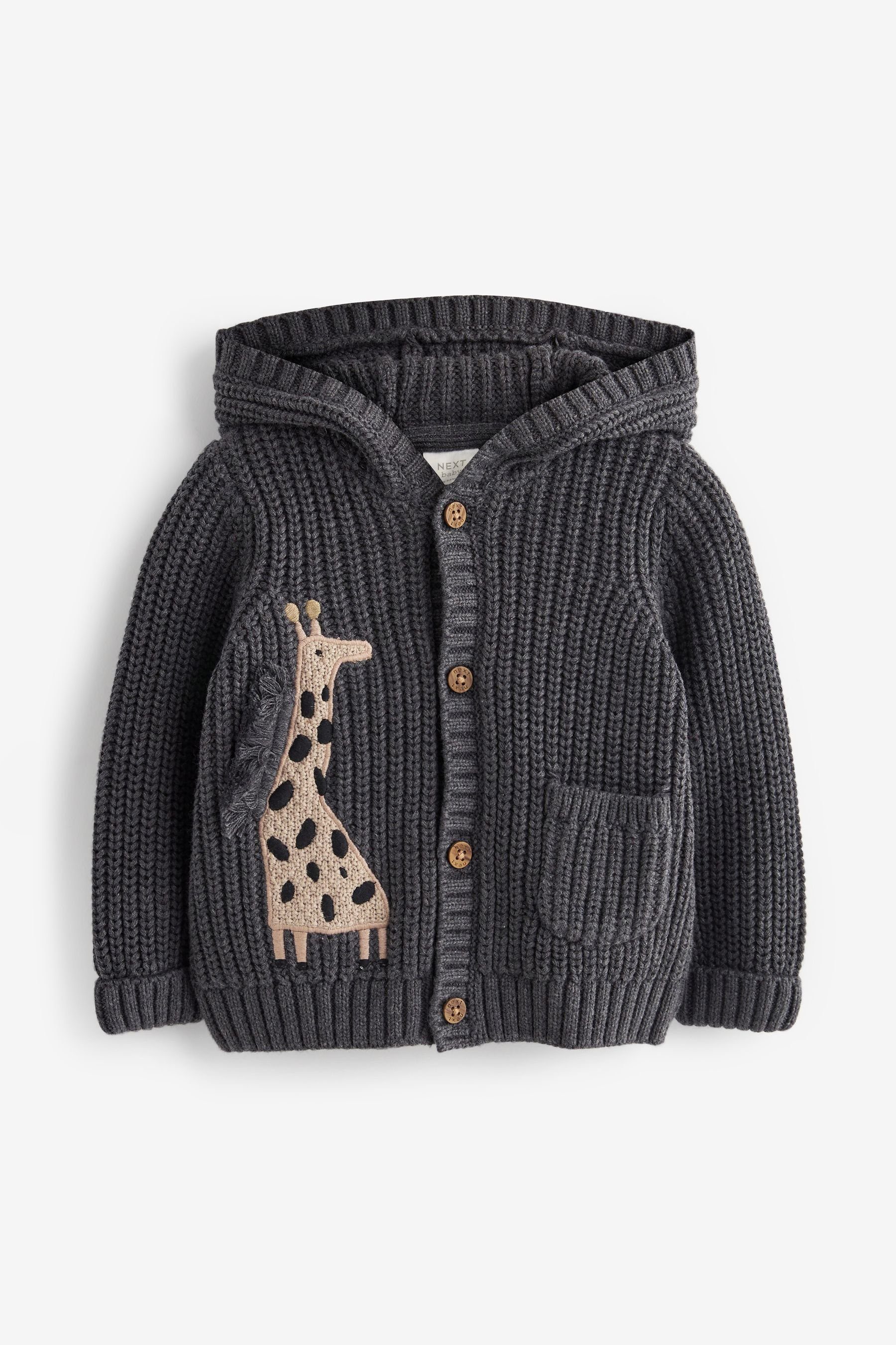 Next Kapuzenstrickjacke Gestreifte Baby-Strickjacke mit Kapuze (1-tlg) Charcoal Grey Giraffe