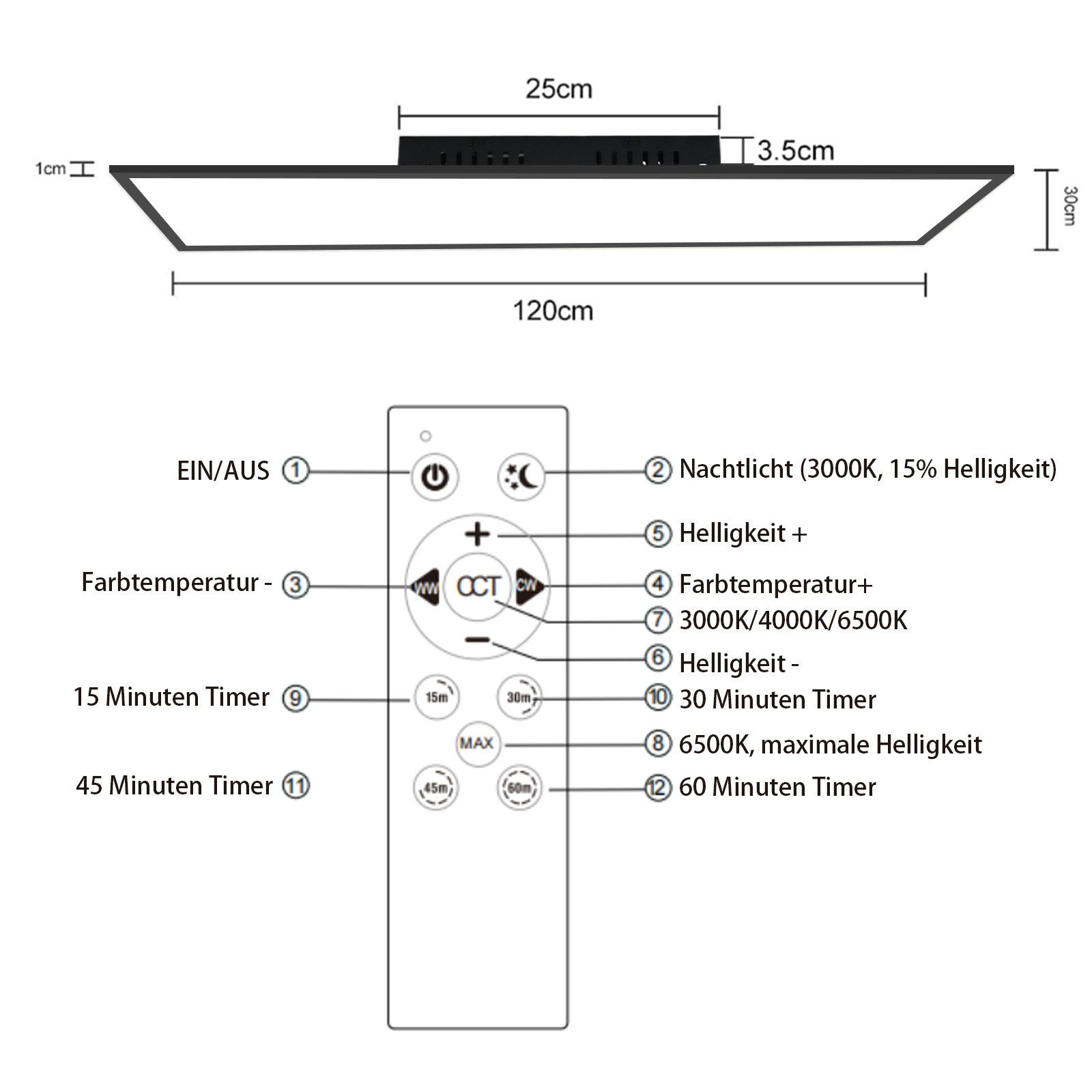 ZMH LED Deckenleuchte LED 3000-6500K dimmbar 100/120cm Schwarz/Weiß Deckenlampe, Augenschutz, LED fest integriert, warmweiß, neutralweiß, kaltweiß, 40W Rechteckig 4100LM Timer Memory Bürolampe