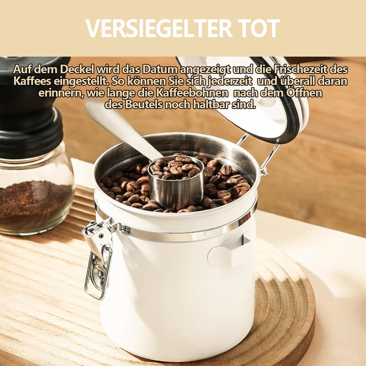 Rhein Beleuchtung Kaffeedose Kaffeedose luftdicht mit Datumsmarkierung, luftdichte aufbewahrungsbox, Edelstahl + ABS + Silikon, (Set, 1-tlg., Edelstahl, für die Aufbewahrung von Kaffeebohnen, Süßigkeiten, Nüssen), Einweg-Auslassventil, feuchtigkeitsbeständig, mit Löffel