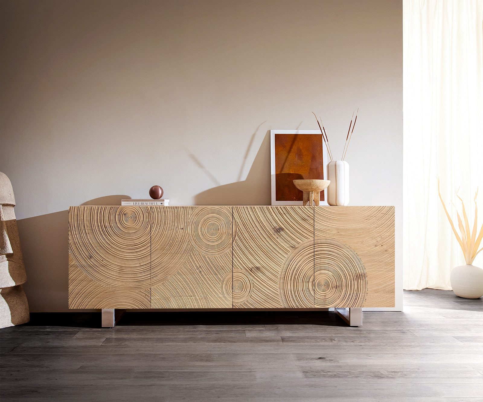 DELIFE Sideboard Ashara, Eiche Natur 3D Effekt 200 cm 4 Türen Kufe Edelstahl gebürstet Sideboar