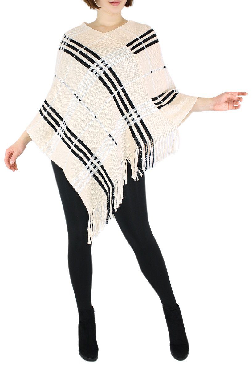 dy_mode Strickponcho Damen Strick Poncho Kariert Fransenponcho Überwurf Cape Pullover in Karo Muster, mit Fransen