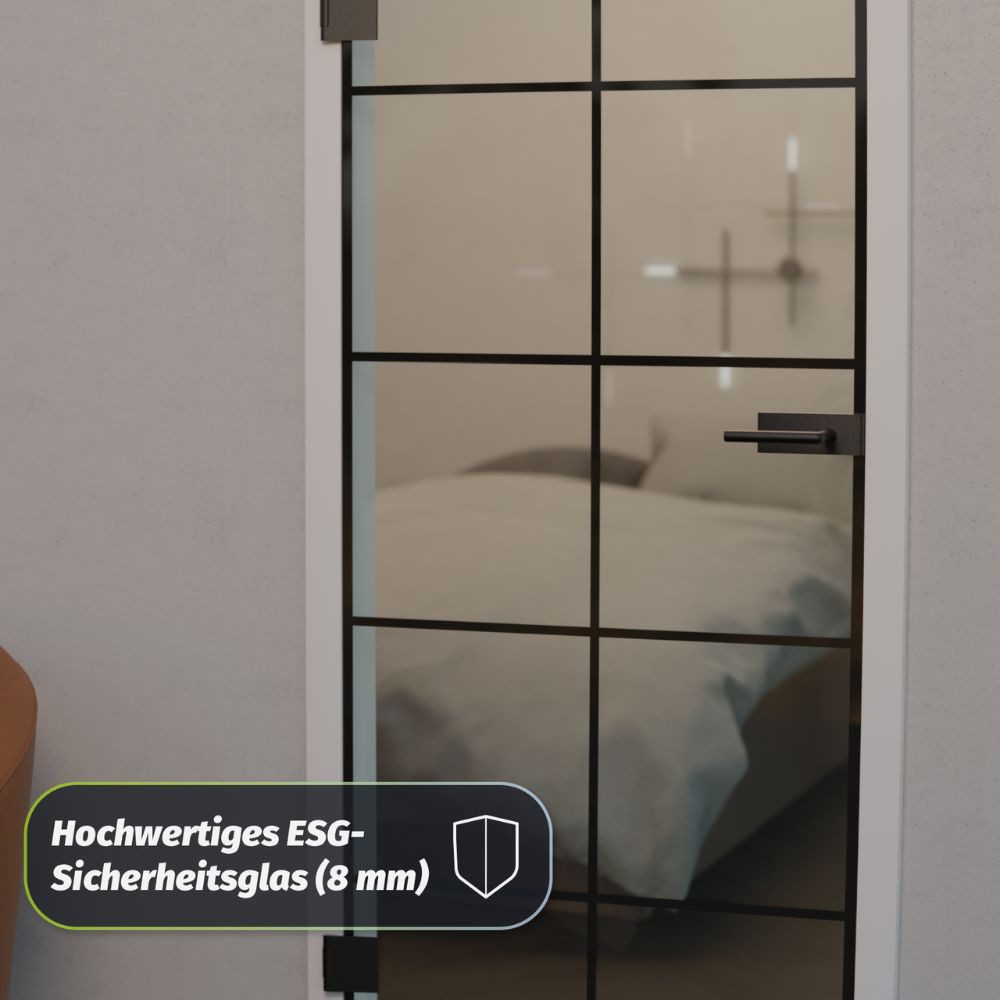 HORI Zimmertür Glastür aus ESG Glas Zimmertür Modernes Loft-Design in Schwarz, Thermisch behandeltes Glas, erhöhte Stoß- und Schlagfestigkeit