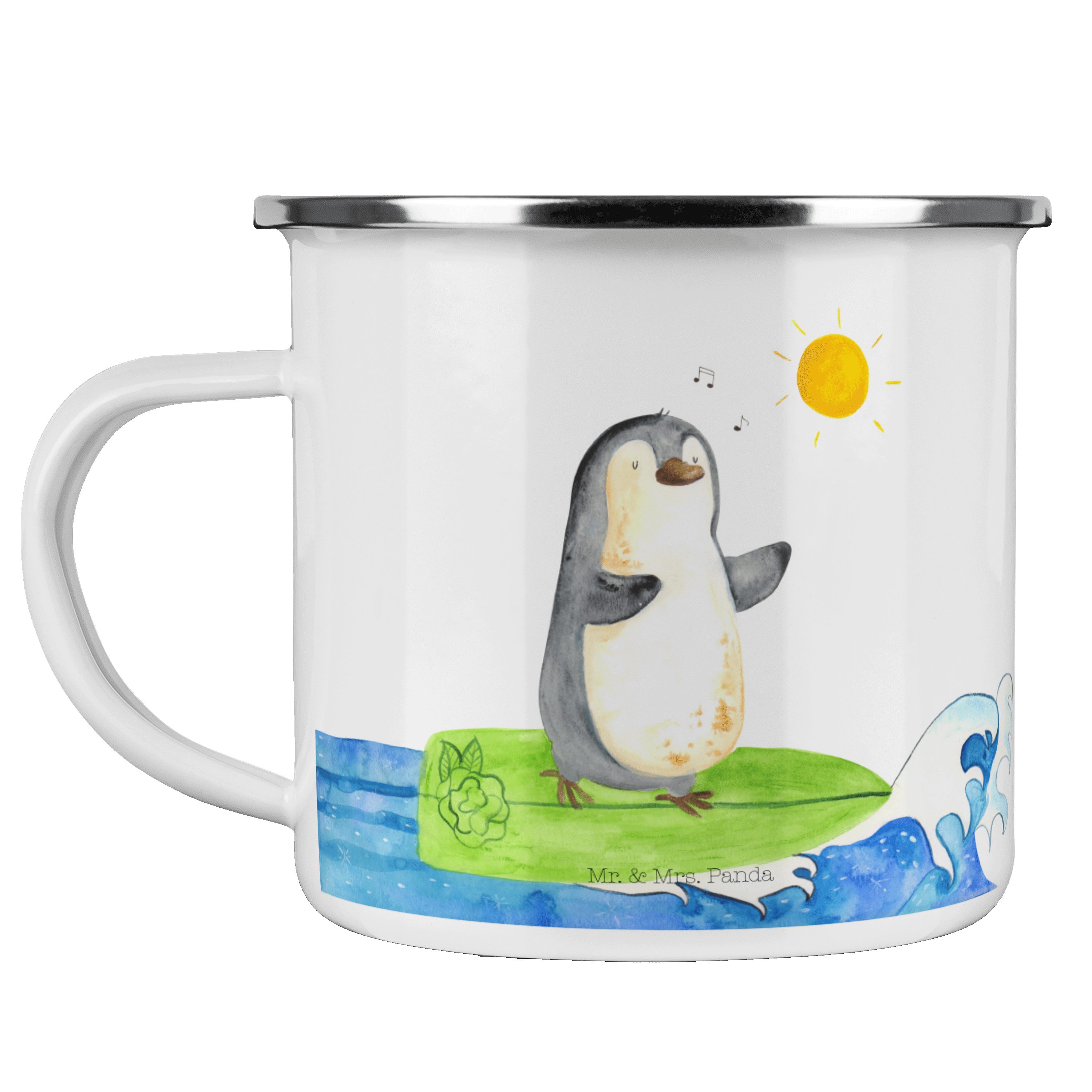 Mrs. Becher - Geschenk, Outdoor Weiß & Surfer Pinguin Tasse, Campingtasse, Emaille Mr. Hawaii, Panda -