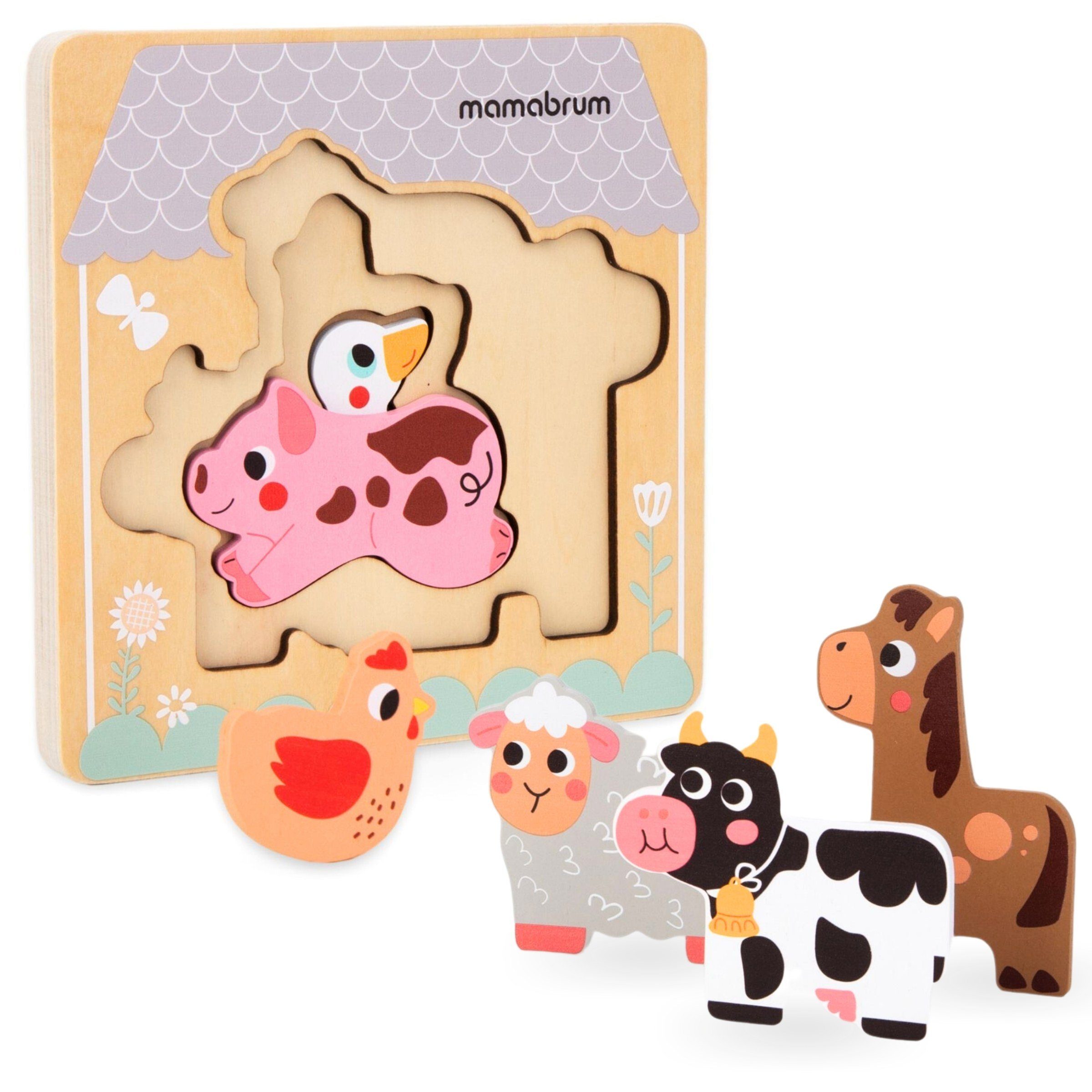 Mamabrum Puzzle-Sortierschale mit einem Holzpuzzle auf Tiere Ebenen Bauernhof - mehreren