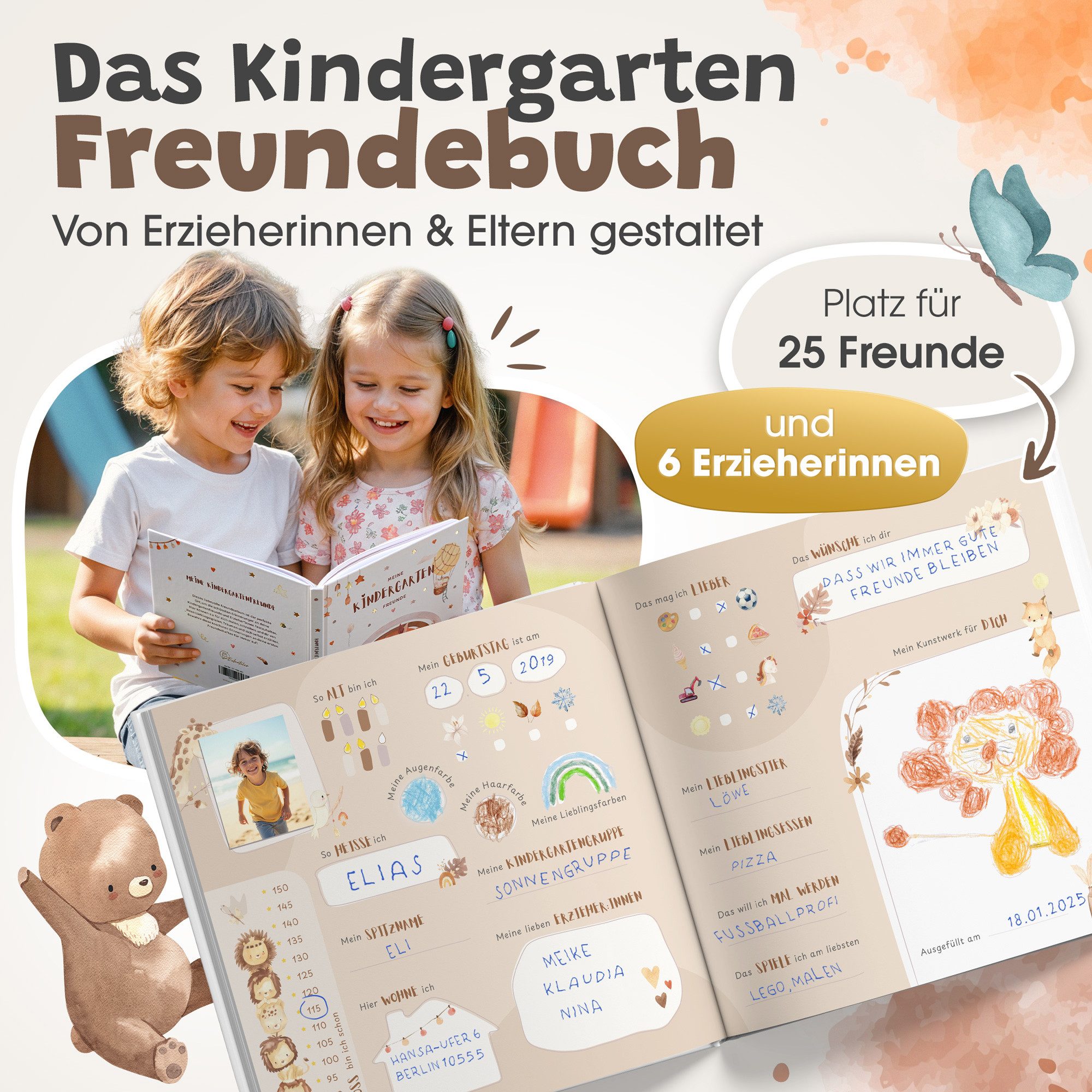Eulentaler Freundebuch Kindergarten Tierwelt I Von Erzieherinnen gestaltet I, Handgemalte Tiere im Boho-Look I Kinderfreundliche Gestaltung – Bild 3 von 5