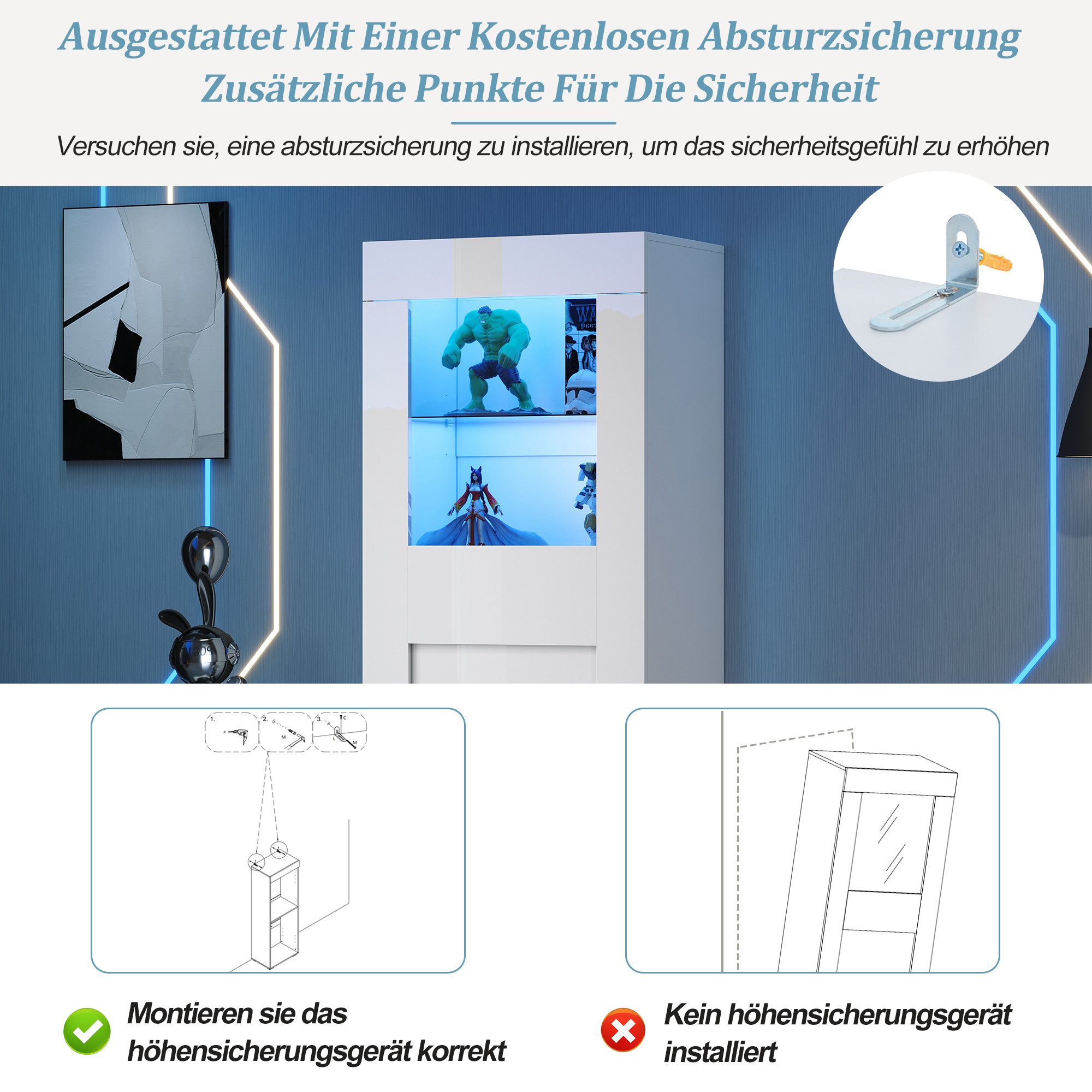 Merax Standvitrine Hochglanz schmal Glasvitrine mit LED inkl.APP (1-St., Wohnzimmerschrank Hochschrank Standregal Schrank Vitrinenschrank) Vitrine mit Acryl-Tür – Bild 5 von 5