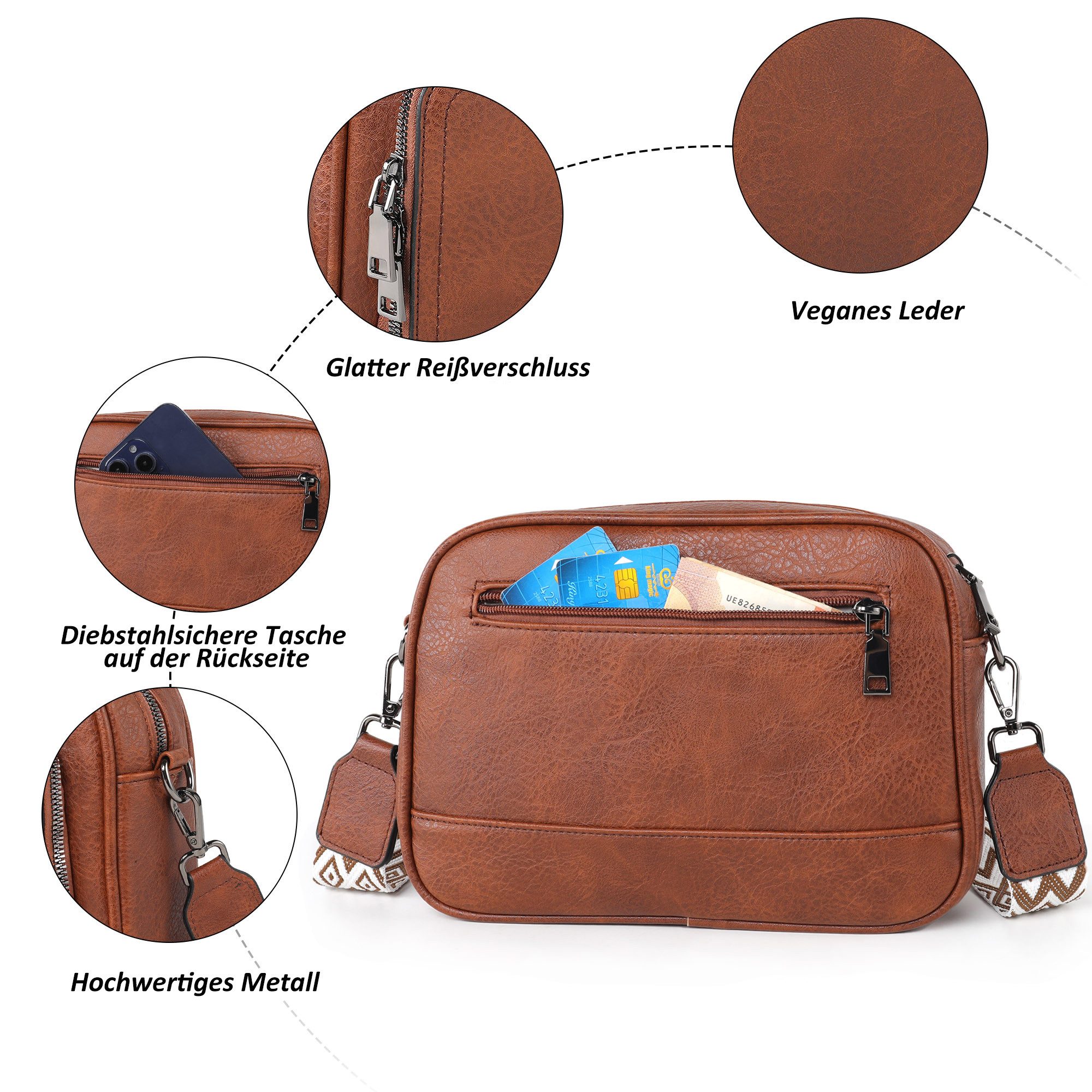 TAN.TOMI Umhängetasche Handtasche Damen mittelgroß tasche mit Verstelbaar Schultergurt, Fronttasche mit mehreren Fächern Weich Breiter Gurt – Bild 4 von 5