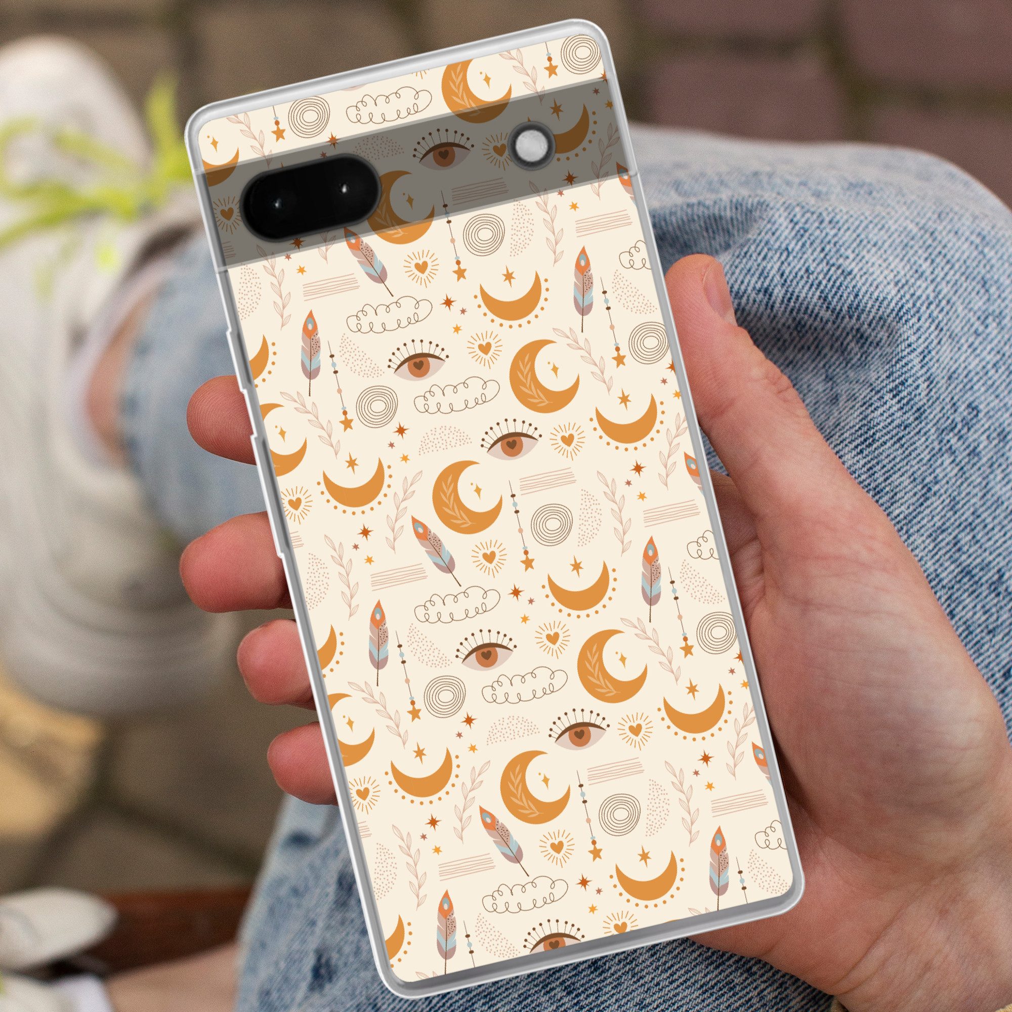 MuchoWow Handyhülle für Google Pixel 6a Boho - Druck - Augen - Mond - Federn - Beige, Phone Case, Silikon, Schutzhülle Dünn