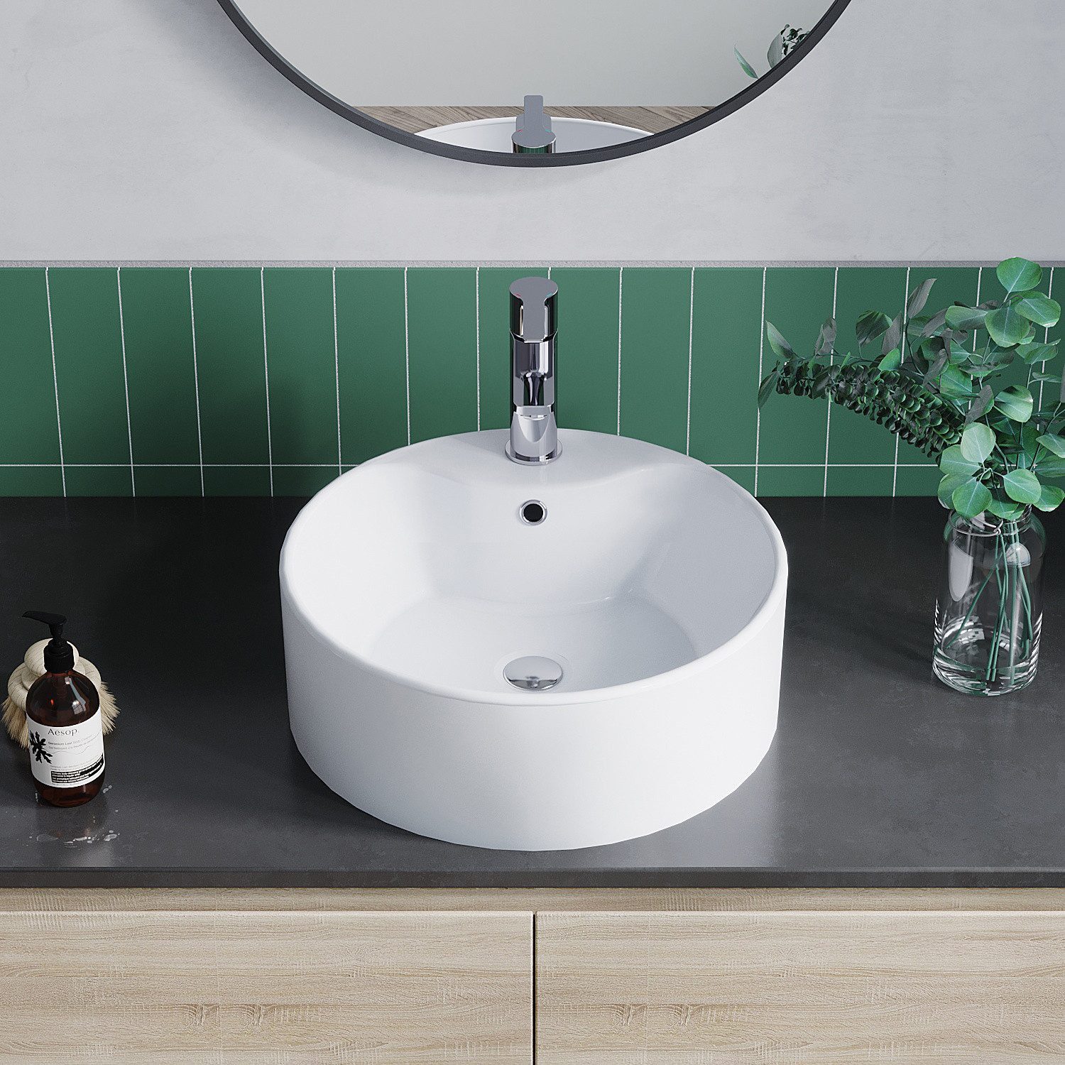 AQUALAVOS Waschbecken Waschbecken Keramik Aufsatzwaschbecken für das Badezimmer und Gäste-WC, Weiß I Modernes Design I Einfache Installation, Einfach zu säubern
