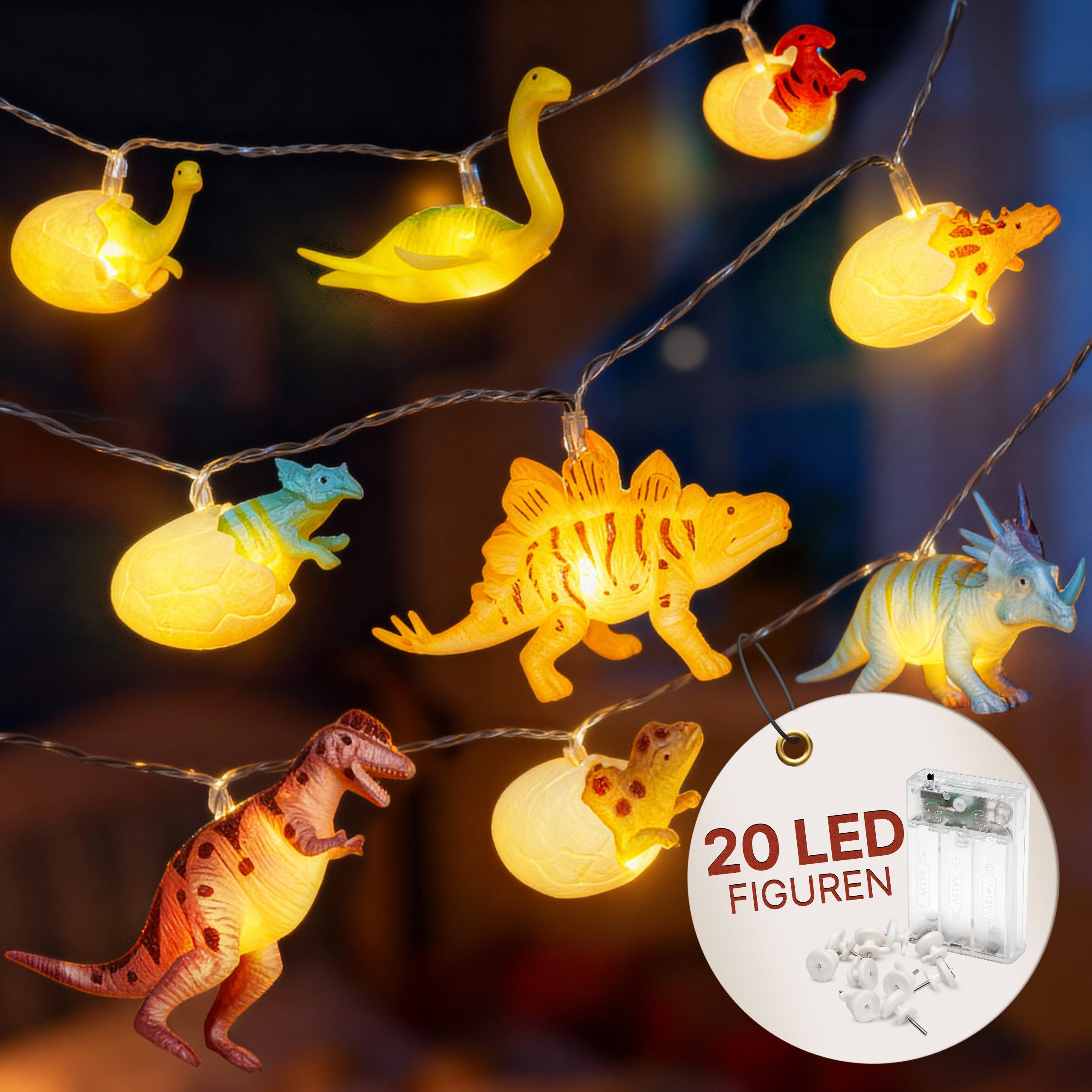 COZY HOME LED-Lichterkette Dino Lichterkette Batterie und Stecker -, 12 LED Figures I Warmweißes LED-Licht I Dino Design I EU-Konformität