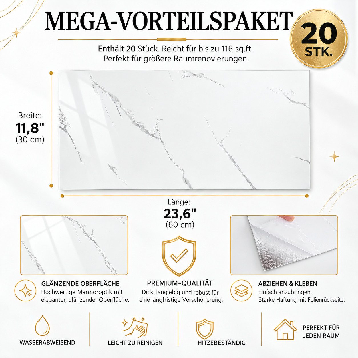 LEMLIT Fliesenaufkleber Selbstklebende Wandpaneele Marmoroptik 60 x 30 cm, 2,2 mm (20er Set, 20 St., Maße je Paneel: 60 x 30 x 0,22 cm), Wandverkleidung Marmoro – Bild 3 von 5