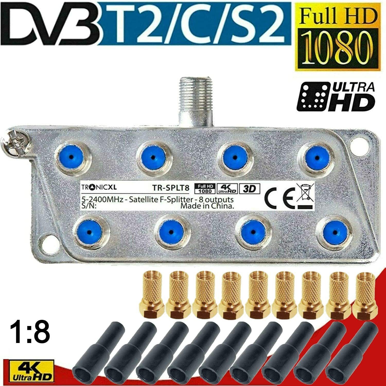 TronicXL SAT-Verteiler Sat Splitter 8-Fach Digital Antennenverteiler + F-Stecker Wetterschutz