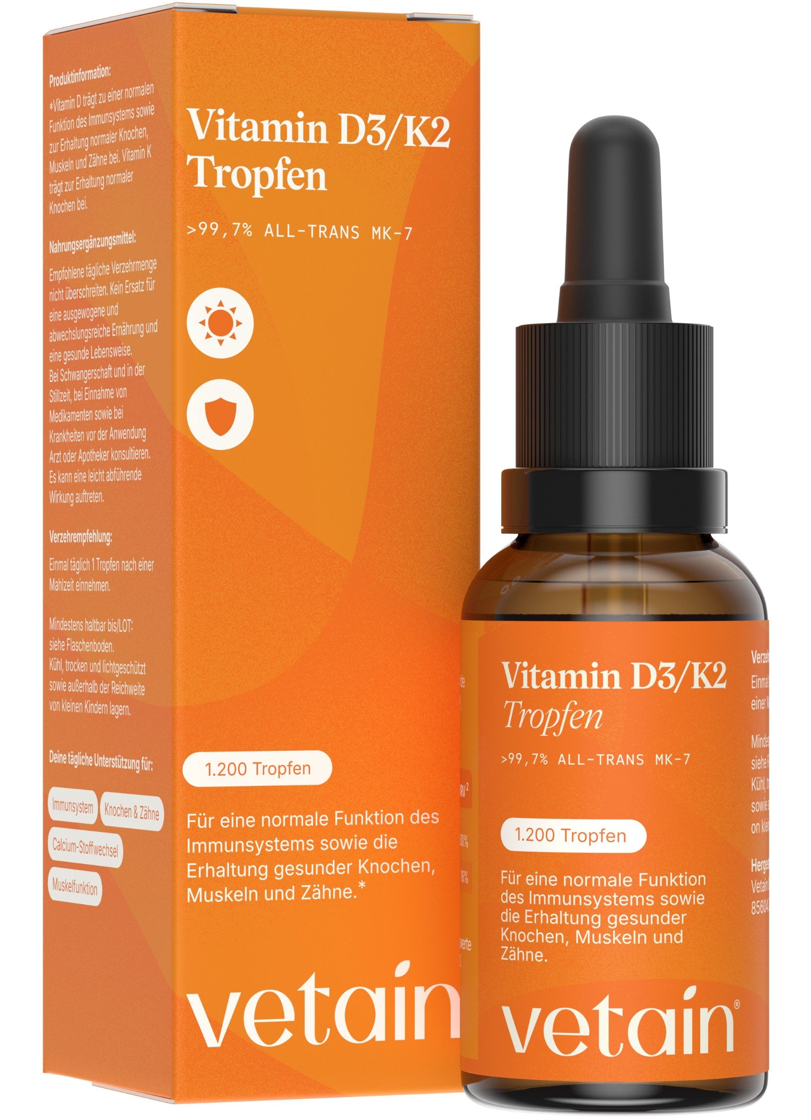 VETAIN Vitamin D3 K2 Tropfen, 1000 I.E. Vitamin D3 & 12µg Vitamin K2 pro Tropfen - à 30 ml, Vitamin D3 aus Flechten + K2Vital®