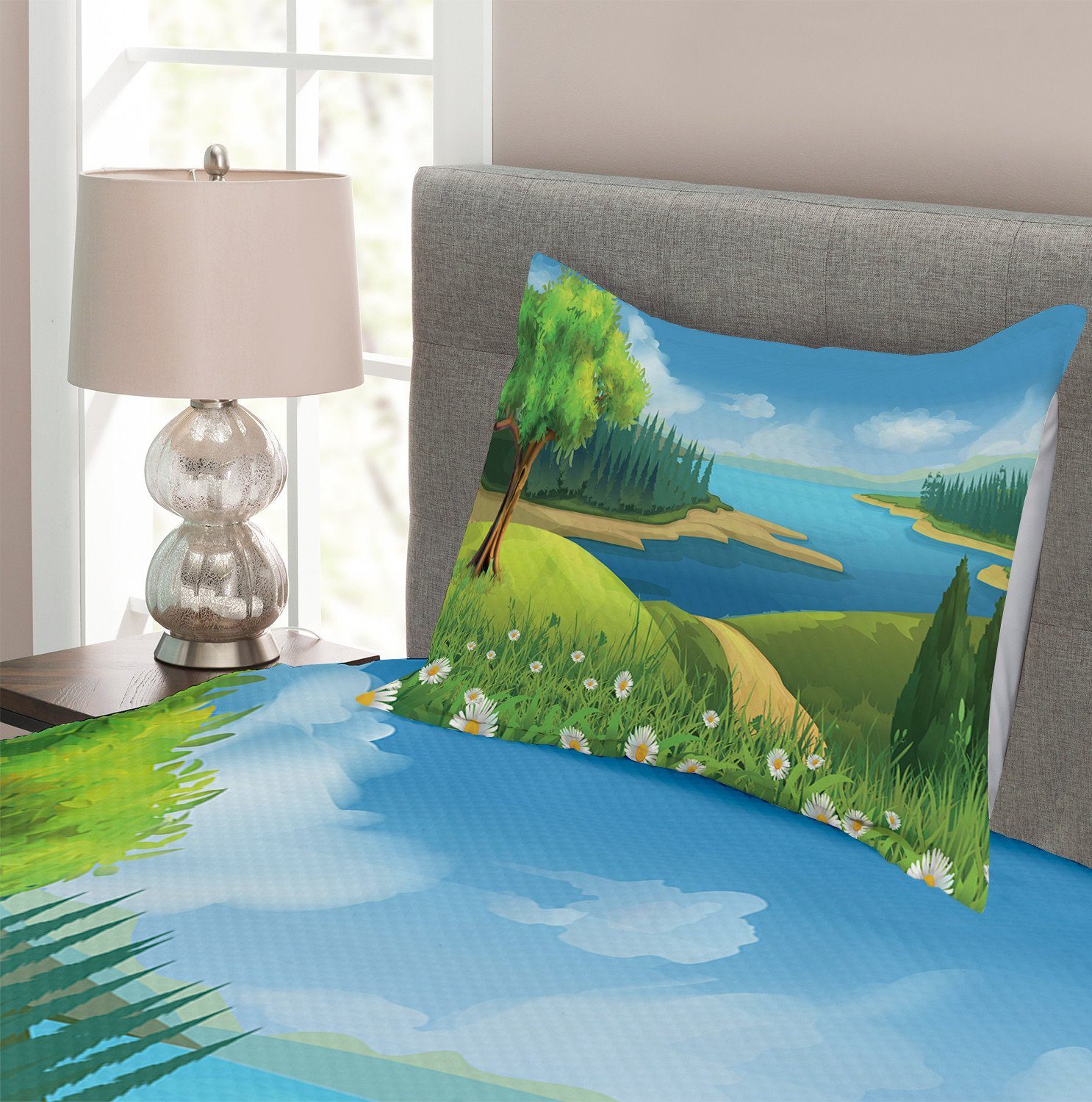 Waschbar, mit Abakuhaus, Set Kissenbezügen Muster Cartoon-Landschaft Tagesdecke Gras