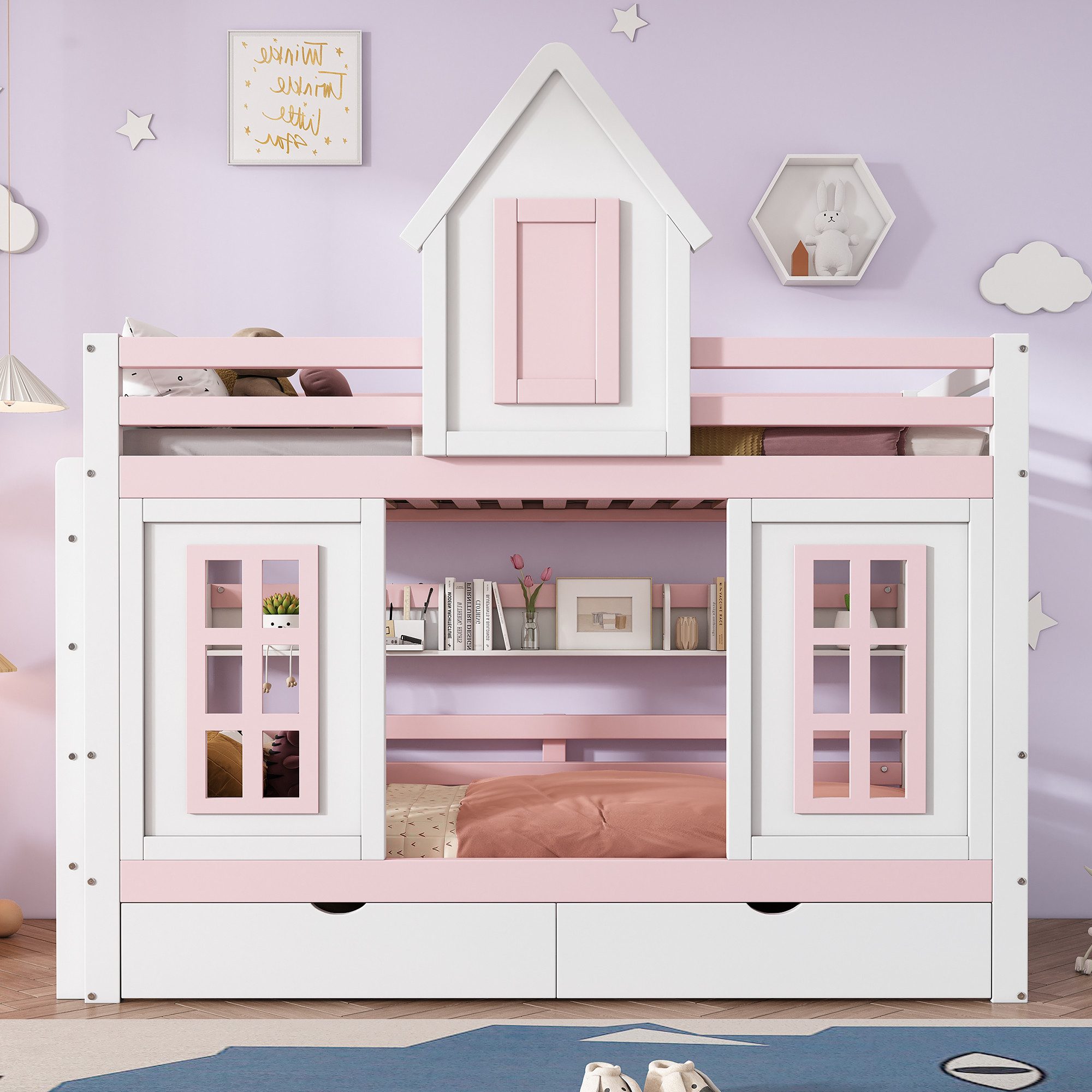 OKWISH Etagenbett Holzbett Kinderbett Hausbett Stauraumbett (mit Dach und Fenster, mit Fallschutzgitter, stabiles Geländer, Zwei Schubladen mit Rollen, Offenes Regal, Reichlich Stauraum, Kiefer+MDF 90x200 cm), ohne Matratze
