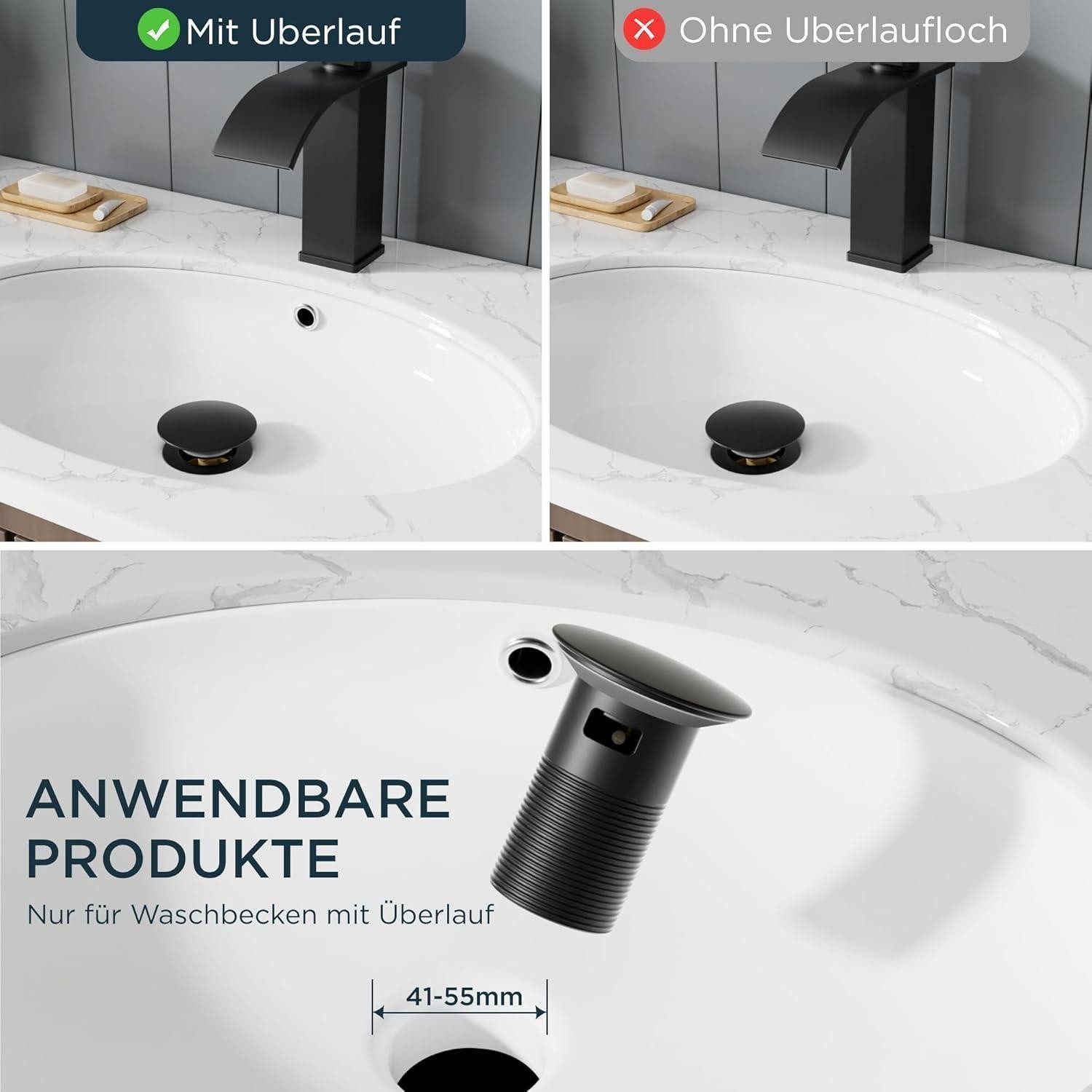 LuxusKollektion Waschtischarmatur Waschtischarmatur Wasserfall Ablaufgarnitur Schwarz 110mm Matt-schwarz – Bild 3 von 5