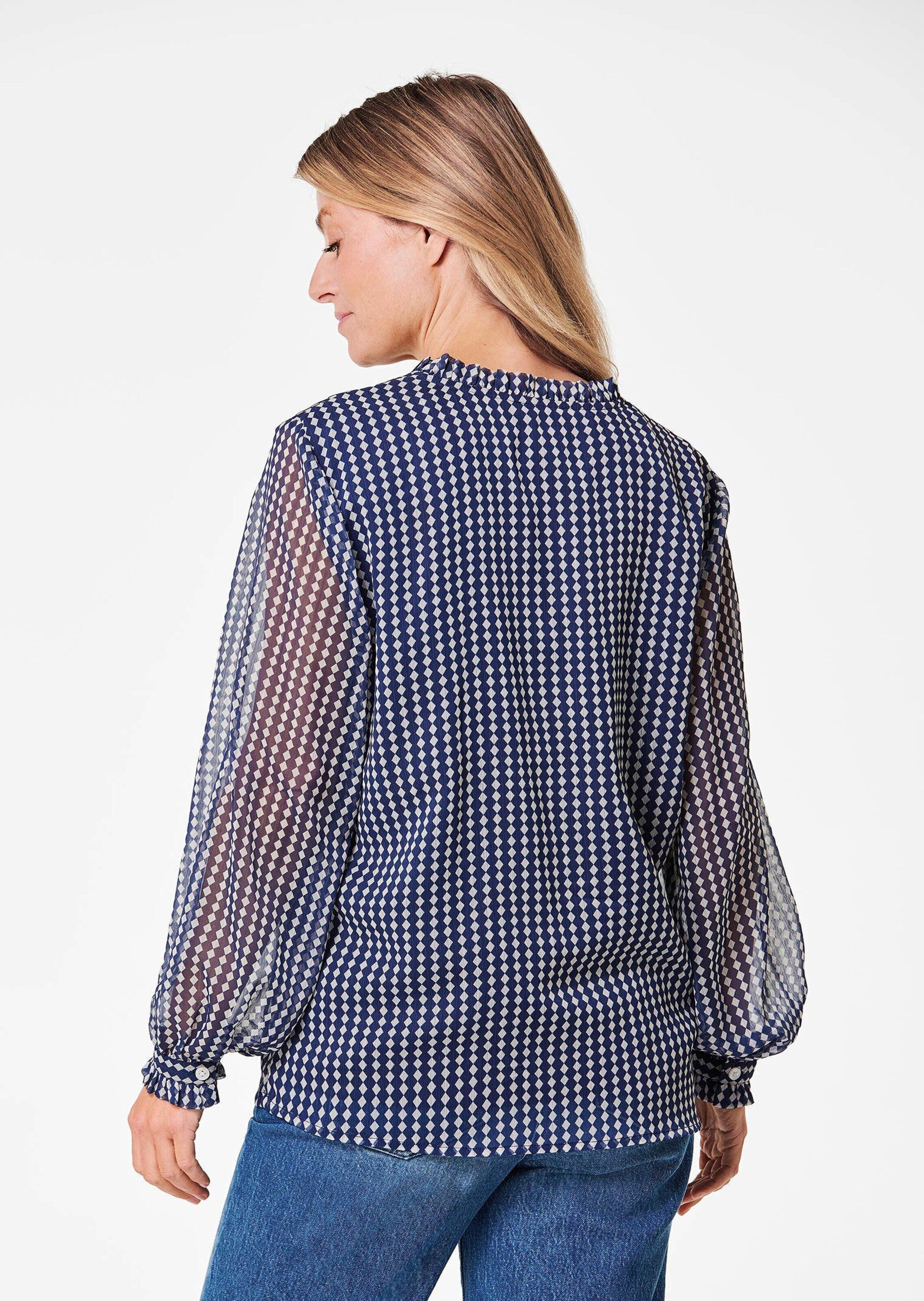 GOLDNER Chiffonbluse Kurzgröße: Chiffonbluse mit Rüschen und Bindeband Gemustertes Design mit femininem Ausschnitt und Bindeband