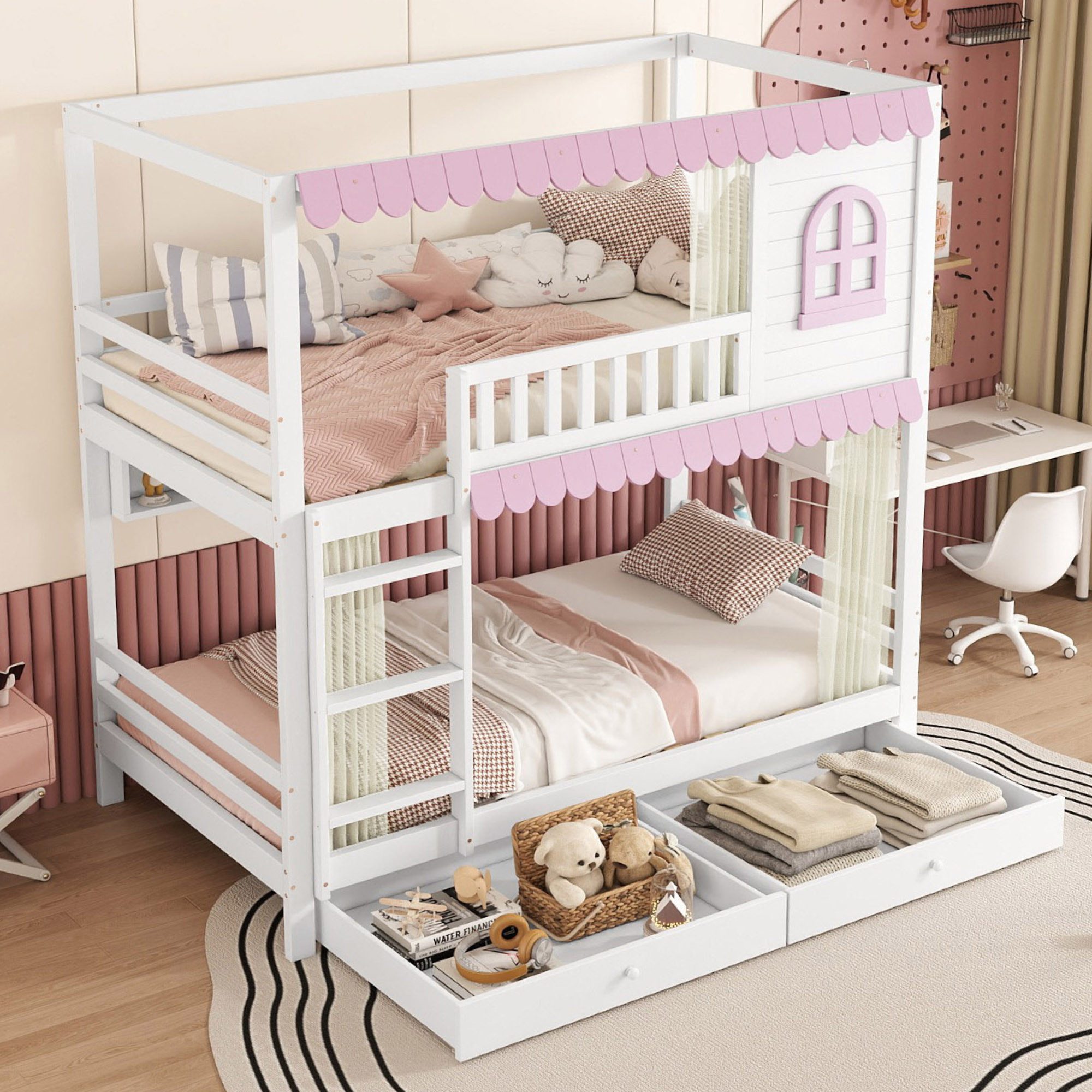 STILVORA Etagenbett 90x200 mit Schubladen,Kinderbett Begestell mit Regale&Zäunen,Rosa (Etagenbett Kinderbett Weiß & Rosa mit Fenster, Vorhängen, Fallschutzgitter & Offenem Regal - Mit Zwei Schubladen, Sicherer Zugang und Reichlich Stauraum., 90x200cm), ohne Matratze