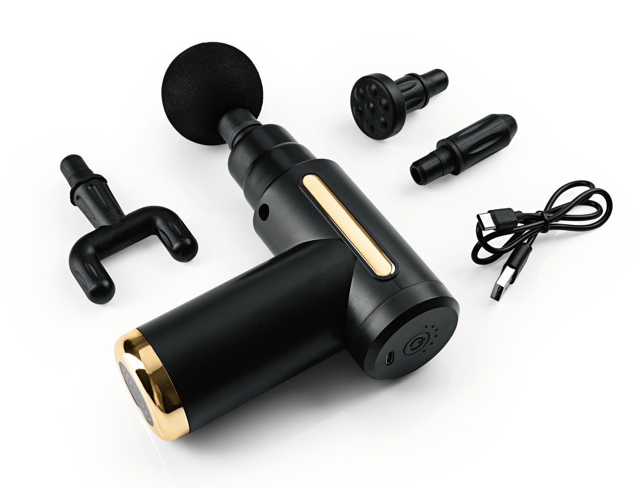 VITALmaxx Massagepistole Mini-Massage Gun 5-tlg. 5V schwarz/gold, Nacken Rücken Arme 6 Stufen gegen Verspannungen Stress lockert Muskeln