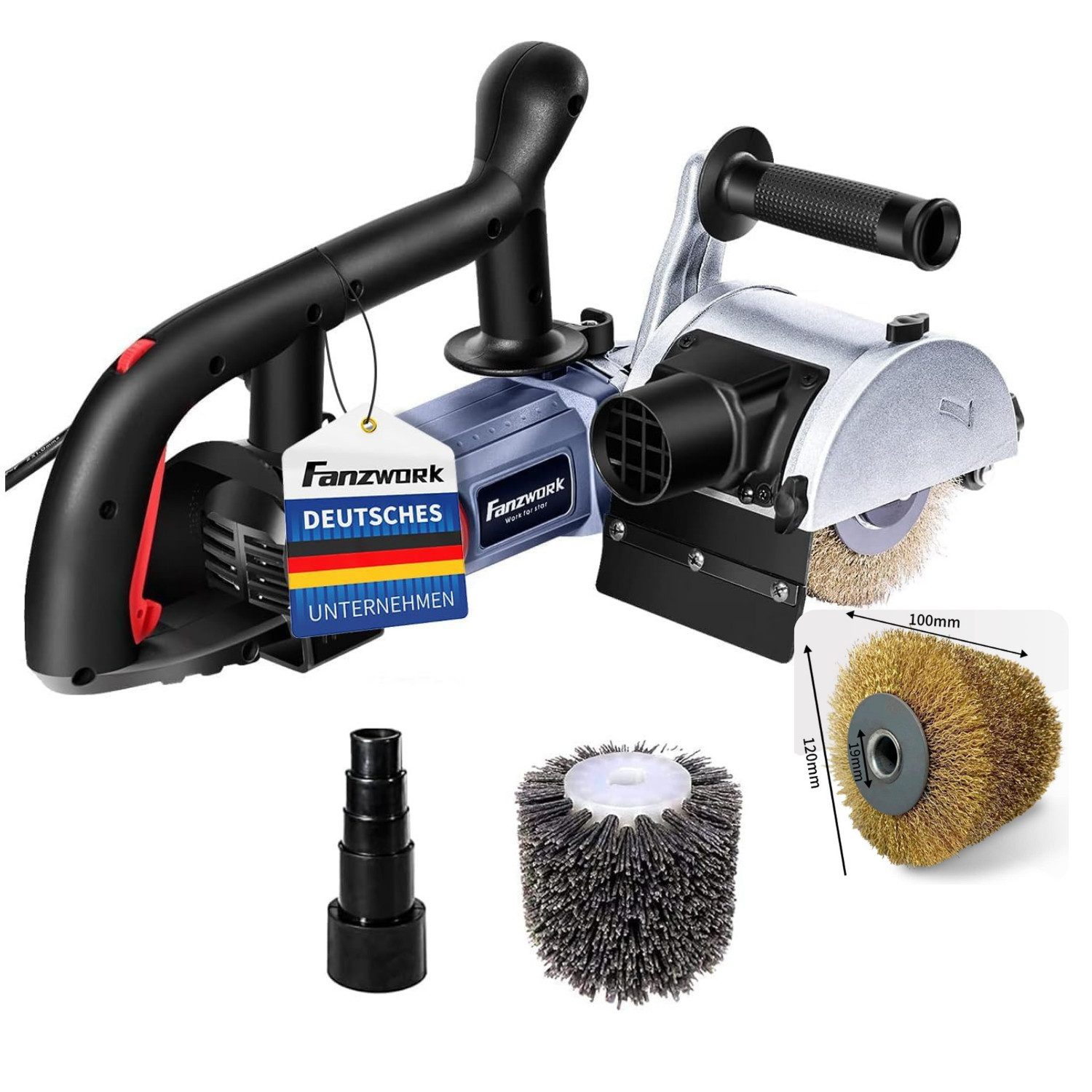 Fanzwork Walzenschleifer Satiniermaschine V2 1500 Watt Stahldraht & Nylon Bürste, max. 3200 U/min, Perfekt zum Trockenschleifen von Altholz, Metall, Kunststoff, Gips