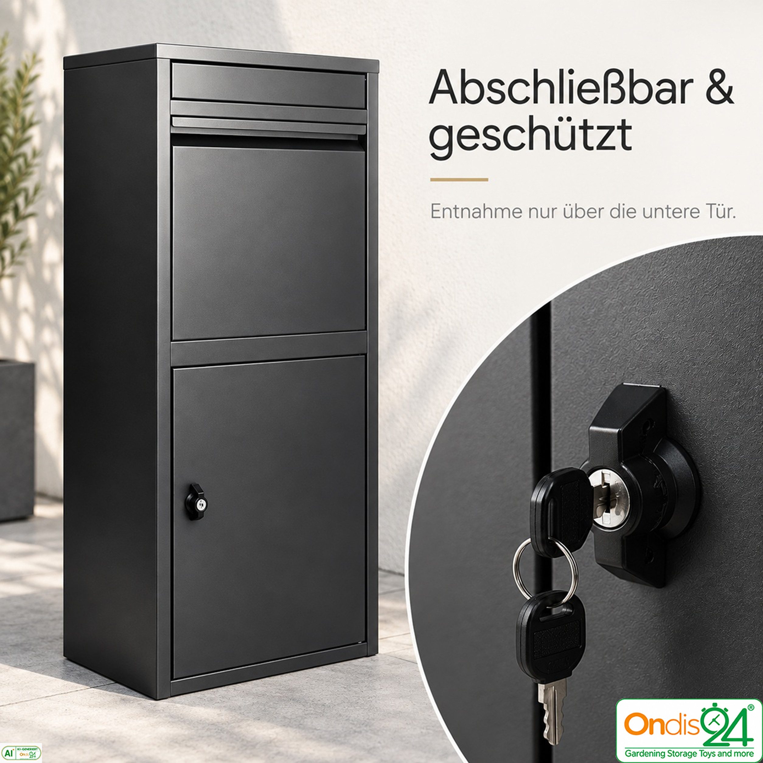 ONDIS24 Briefkasten Paketbox "Korona" Postbox 1-türiger Paketsafe für Pakete, abschließbar, inklusive Bodenanker, 2 Schlüssel – Bild 4 von 5