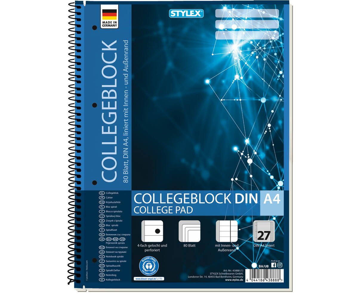 Stylex Collegeblock STY Collegeblock mit Rand A4 liniertt 80 Blatt perf.