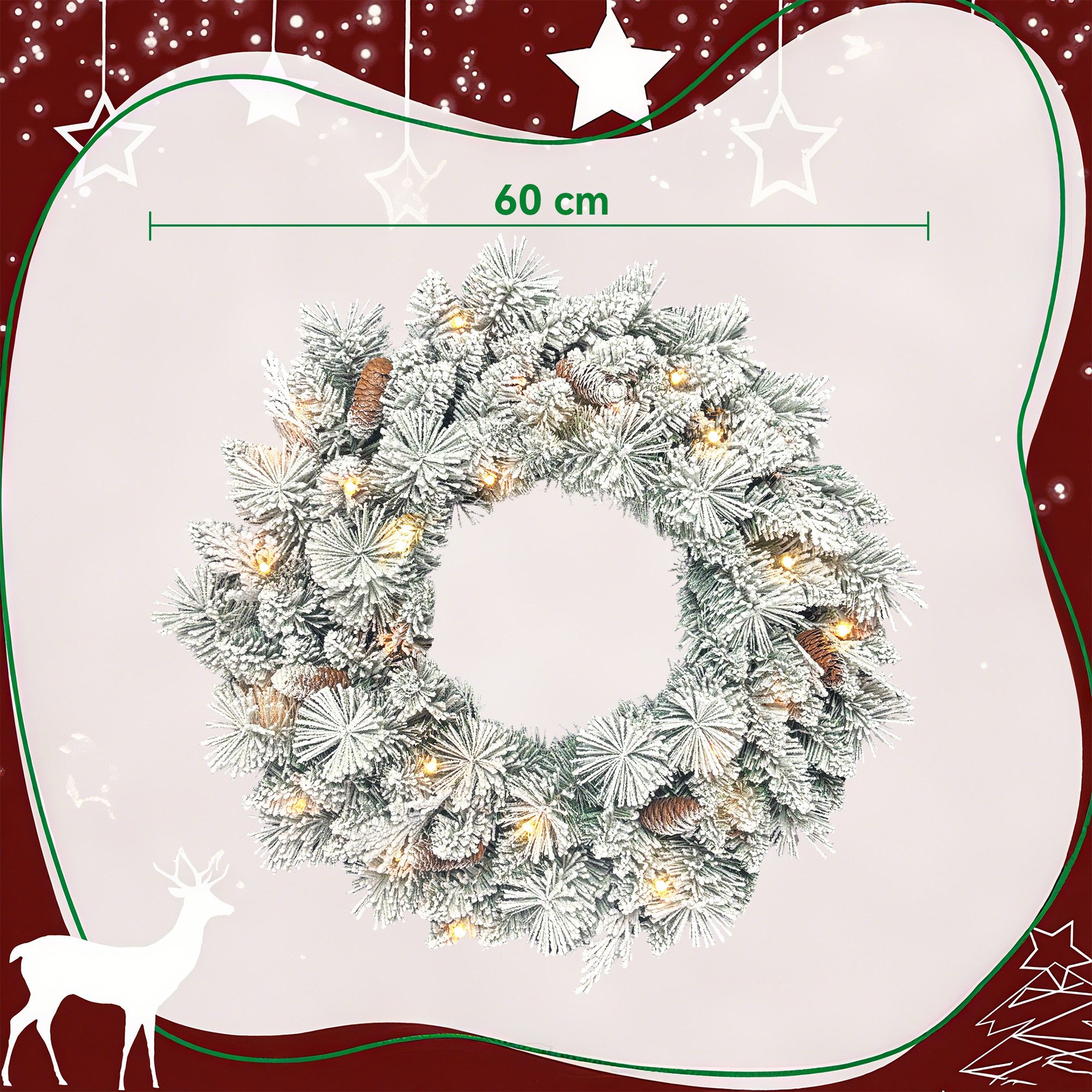HOMCOM Adventskranz Künstlicher Weihnachtskranz mit Schneespitzen, LEDs, Batteriebetrieb