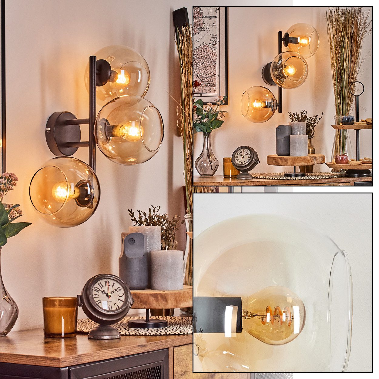 hofstein Wandleuchte Wandlampe aus Metall/Glas in Schwarz/Bernstein/Klar, moderne Leuchte im Retro/Vintage-Design (15 cm), E14, Wohnzimmer