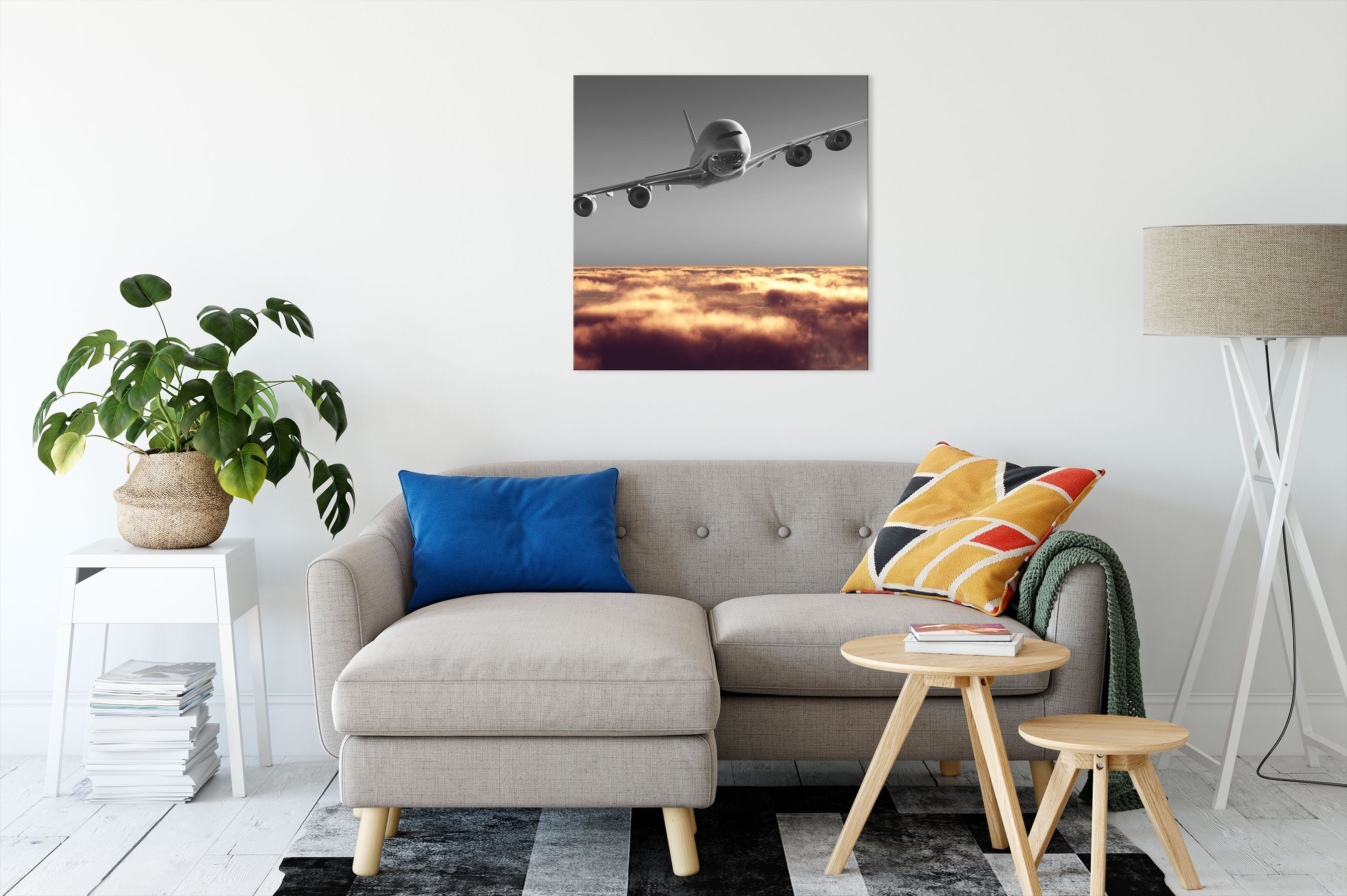 fertig bespannt, Flugzeug Leinwandbild Wolkenmeer über Leinwandbild Zackenaufhänger über Wolkenmeer, Flugzeug (1 inkl. St), Pixxprint