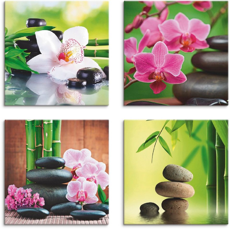 (4 Bambus Zweige verschiedene Steine, Zen Größen Spa 4er Leinwandbild Zen St), Artland Set,