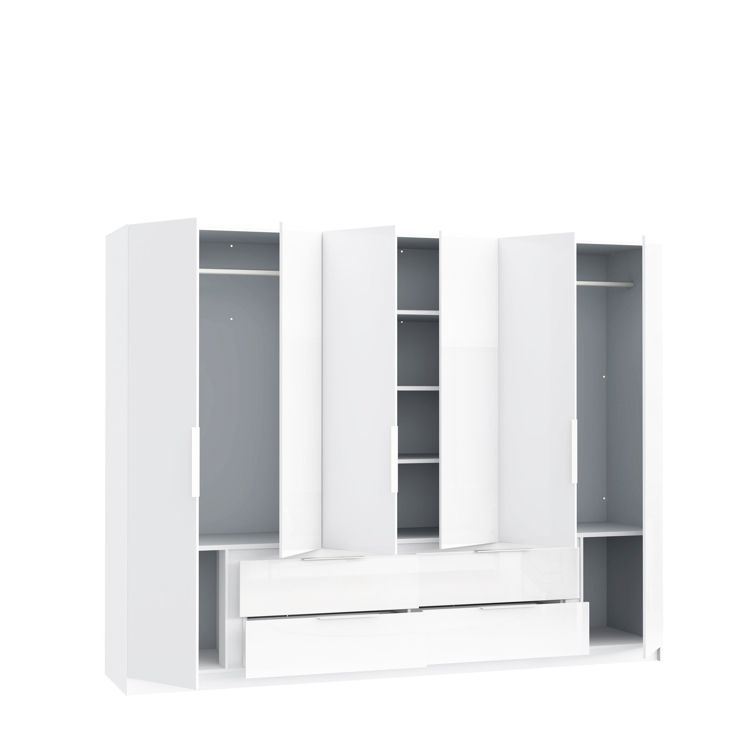 freiraum Drehtürenschrank LUANO 4 Schubladen, 6 Türen, Weiss / Weiss Glanz - 269,7x210,5x60cm (BxHxT)