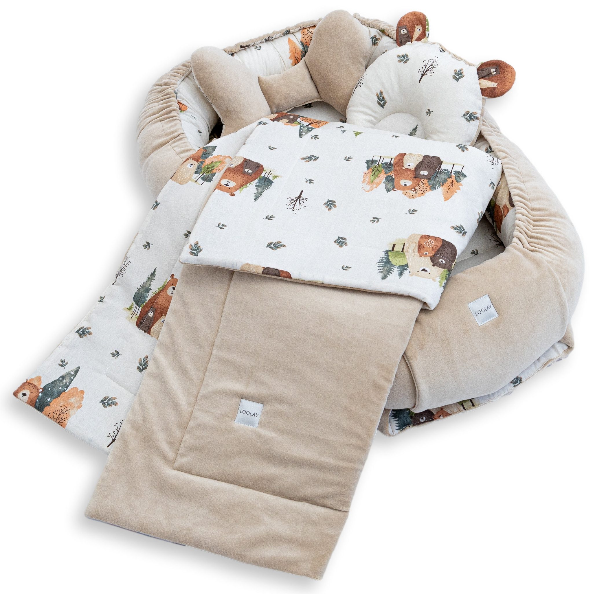 Loolay Kuschelnest BABYNEST 5 TLG. Set PREMIUM Babyausstattung Baumwolle & Samt Velours, (MUSTER: BEIGE Samt Velour/ Beige Bärchen Familie, 5-tlg., Liebevoll handgefertigt Nestchen! Geborgenheit Komfort für Neugeborene), Premium Ausstattung - 100% Europäische Stoffe und Kleinserien-Nähen!