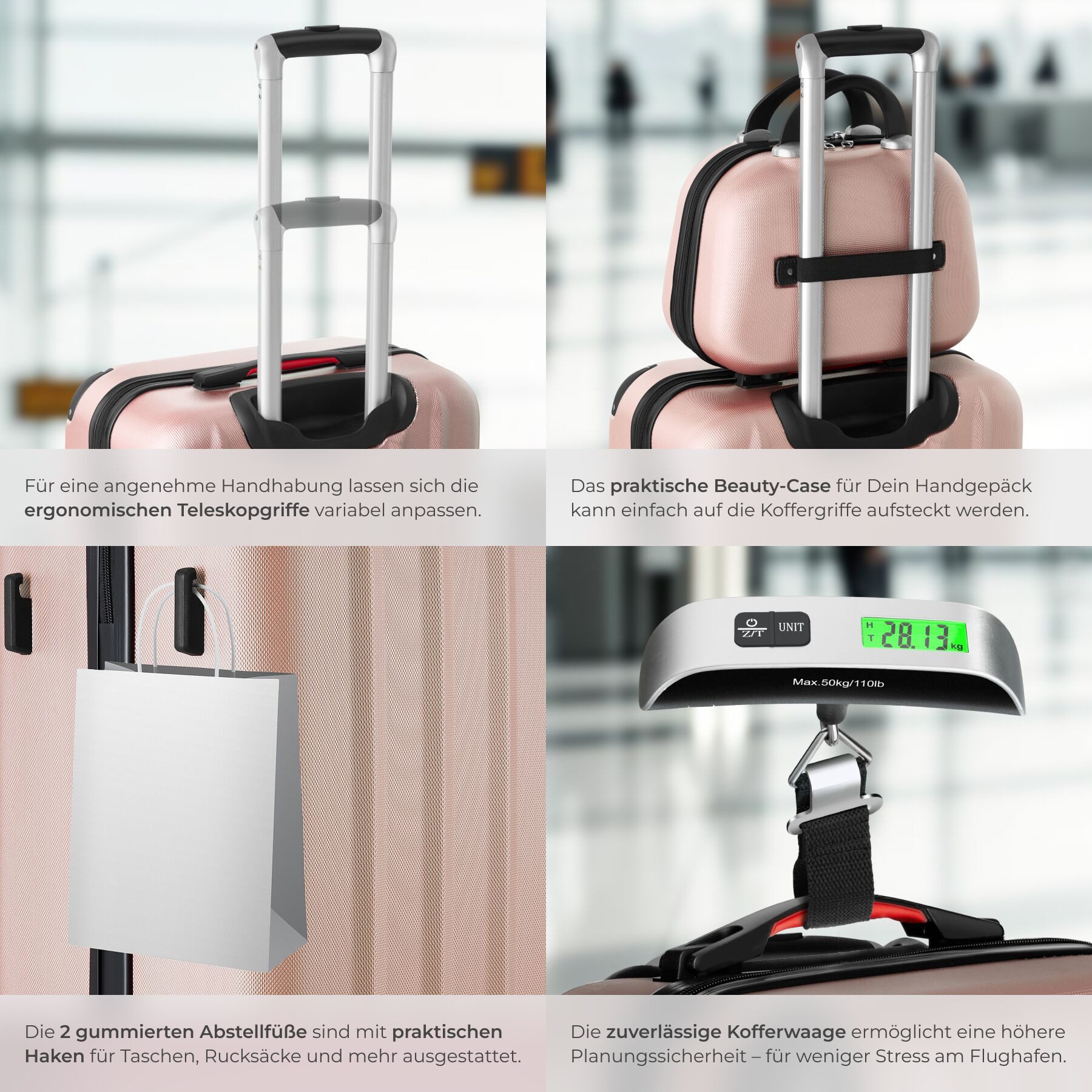tectake Trolley Hartschalenkoffer-Set 19-teilig aus ABS-Kunststoff, Kofferwaage, 4 Rollen, TSA-Schloss, 360° drehbare, abnehmbare Rollen, mit Packwürfelset – Bild 4 von 5