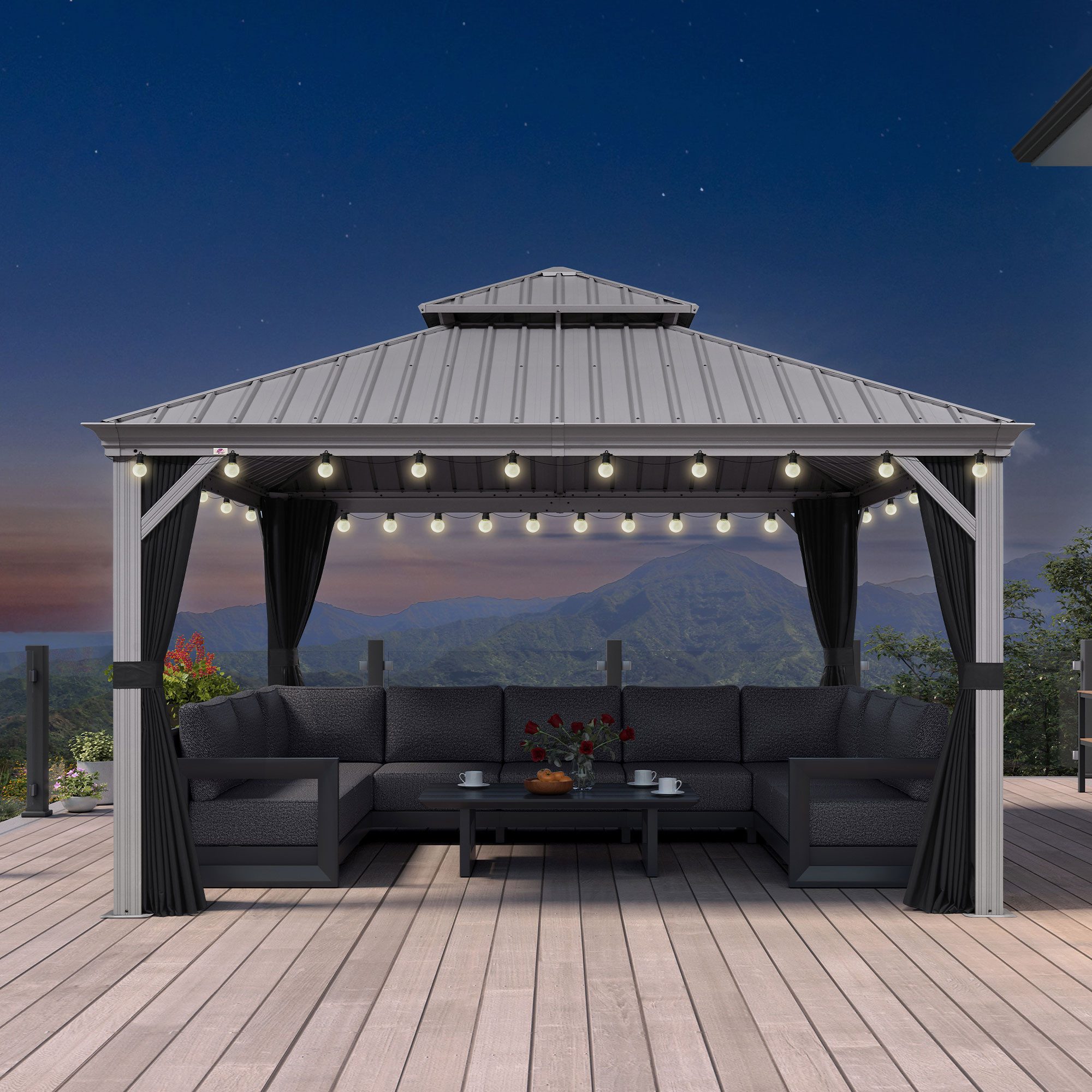 PURPLE LEAF Pavillon Hardtop Alu Gartenpavillon mit Seitenteilen und LED Lichterketten, Winterfester und wasserdichter Pavillon