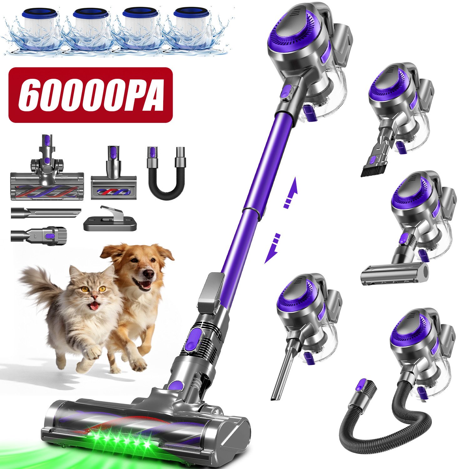 Adormii Akku-Hand-und Stielstaubsauger Akku Staubsauger, 60000Pa/60Min/1.6L Staubsauger Kabellos, HEPA*4, Anti-Tangle-Bürste, 5-in-1 Cordless Vacuum Cleaner, Akkustaubsauger für Tierhaare, Hartböden, Teppiche, 5-in-1 Staubsauger für Tierhaare,Hartböden,Teppiche