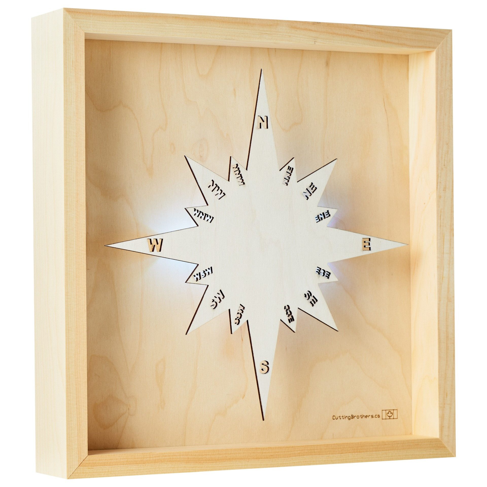 Cutting Brothers LED-Bild Compass 35x35 cm, LED-Holz-Wandkarte, mit indirekter Beleuchtung, handgefertigt aus Echtholz