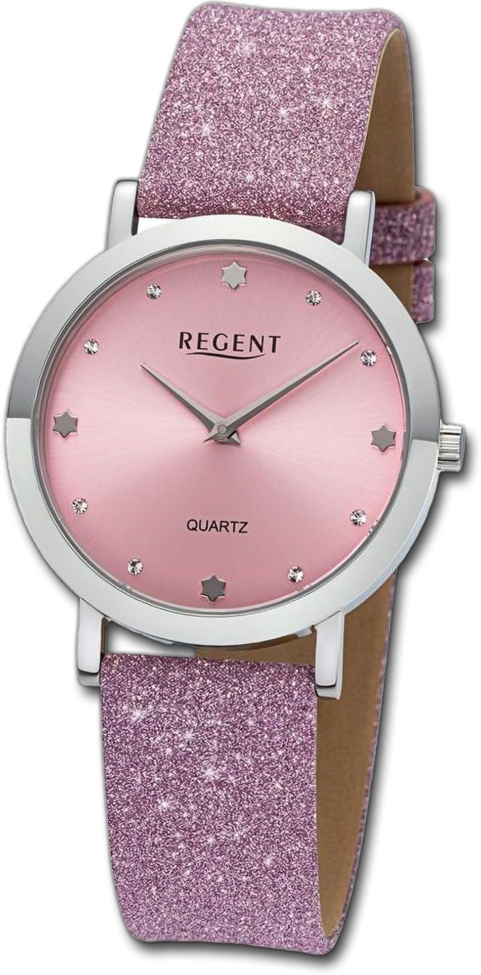 Regent Quarzuhr Regent Damen Armbanduhr Analog, Damenuhr Lederarmband rosa, rundes Gehäuse, extra groß (ca. 32,5mm)