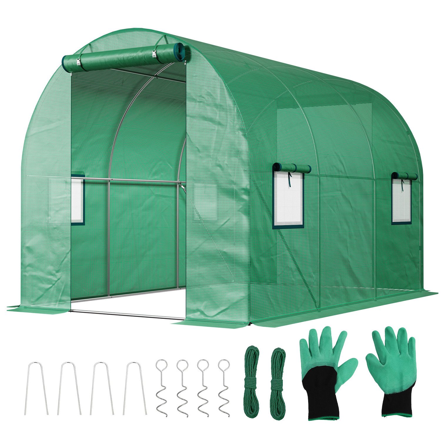 Sekey Foliengewächshaus Gewächshaus Treibhaus Winterfest für Garten 2 Türen 140g/m² PE-Folie, Tomatenhaus 3x2x2m Folientunnel mit 4 Fenstern UV-Schutz Stabil