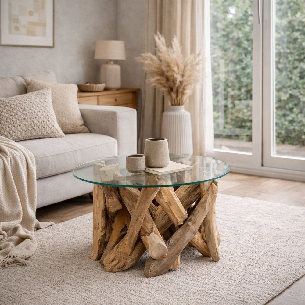 LebensWohnArt Couchtisch Individueller Teak Couchtisch TORA rund Glasplatte D70cm
