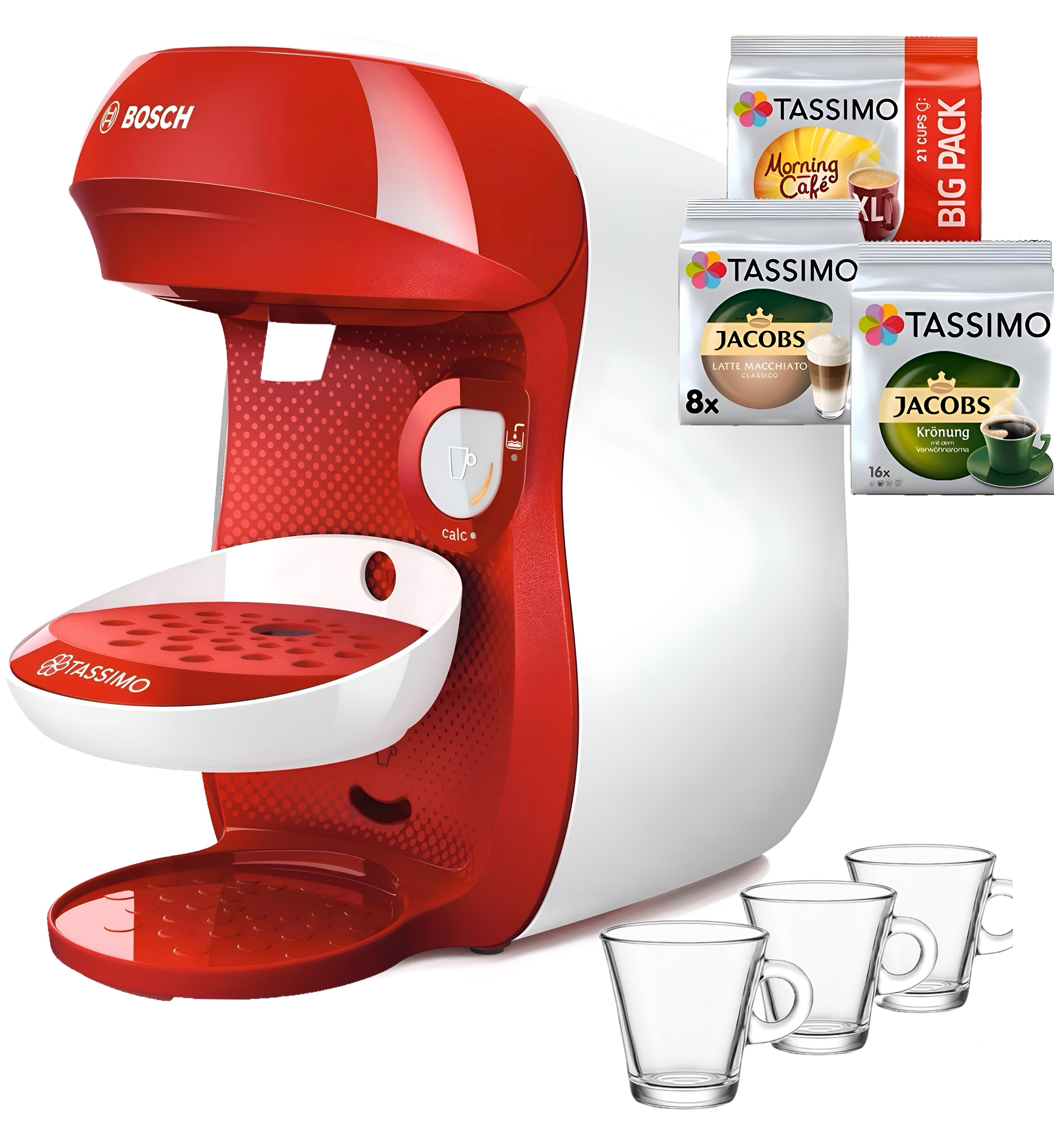 Bosch Professional Kapsel-/Kaffeepadmaschine Tassimo Happy Essential One, Kompakte Kapselmaschine inkl. 53 Kapseln & 3 Gläser