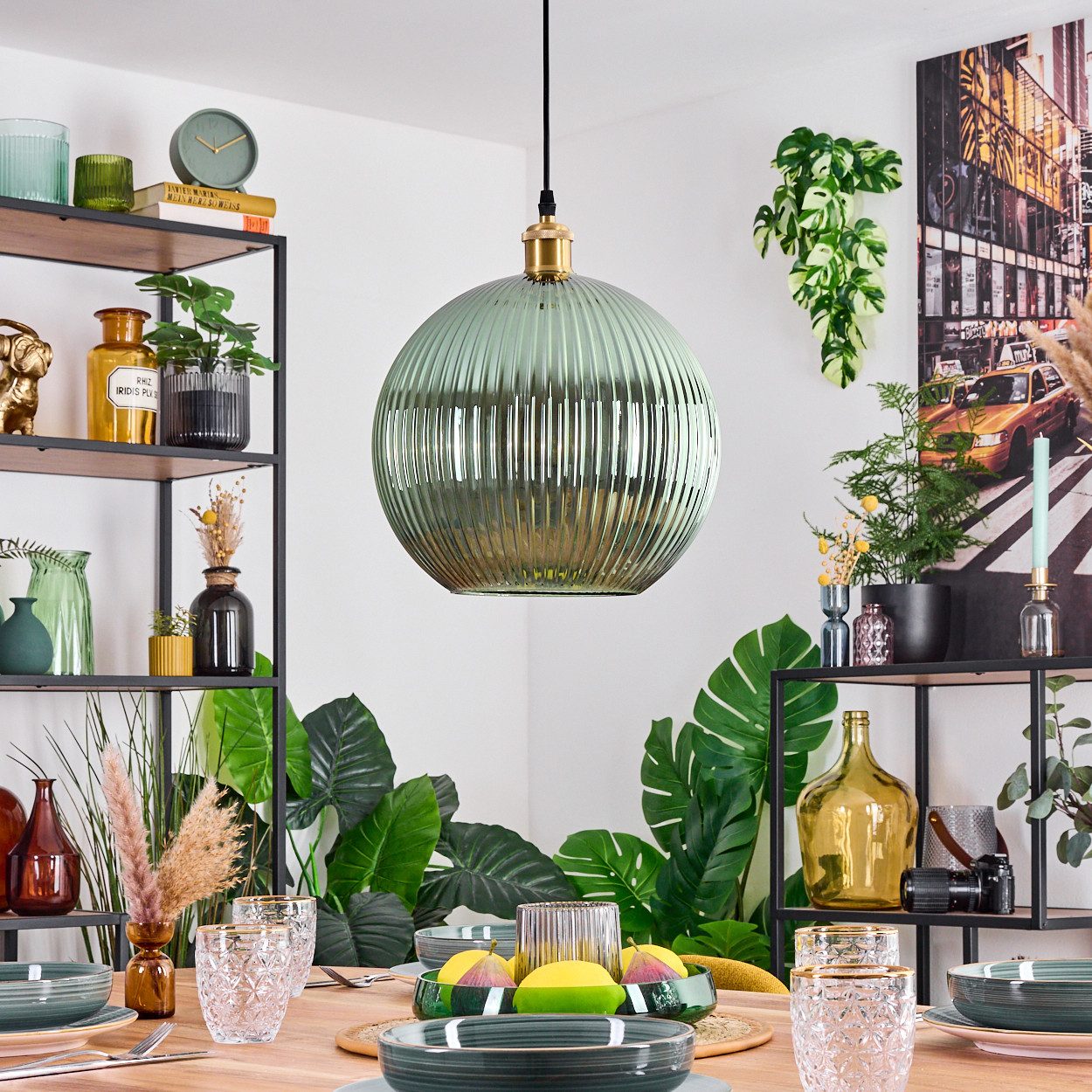 hofstein Hängeleuchte Hängelampe aus Metall/Riffelglas in Goldfarben/Grün, günstig online kaufen