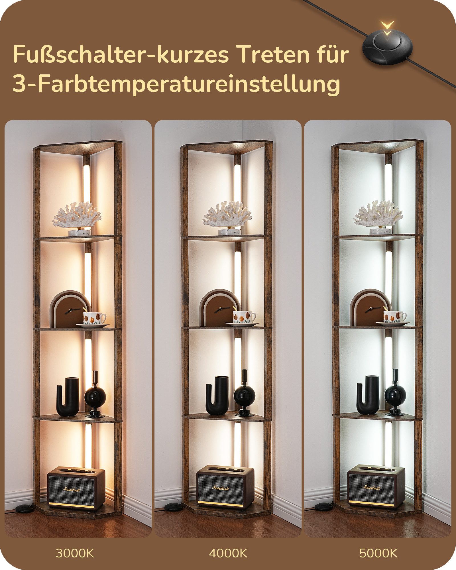 EDISHINE Stehlampe Wohnzimmer Dimmbar, Standleuchte mit Ablage, Ohne RGB, LED fest integriert, warmweiß bis kaltweiß dimmbar, LED Dimmbar Stehleuchte, Regal mit Licht