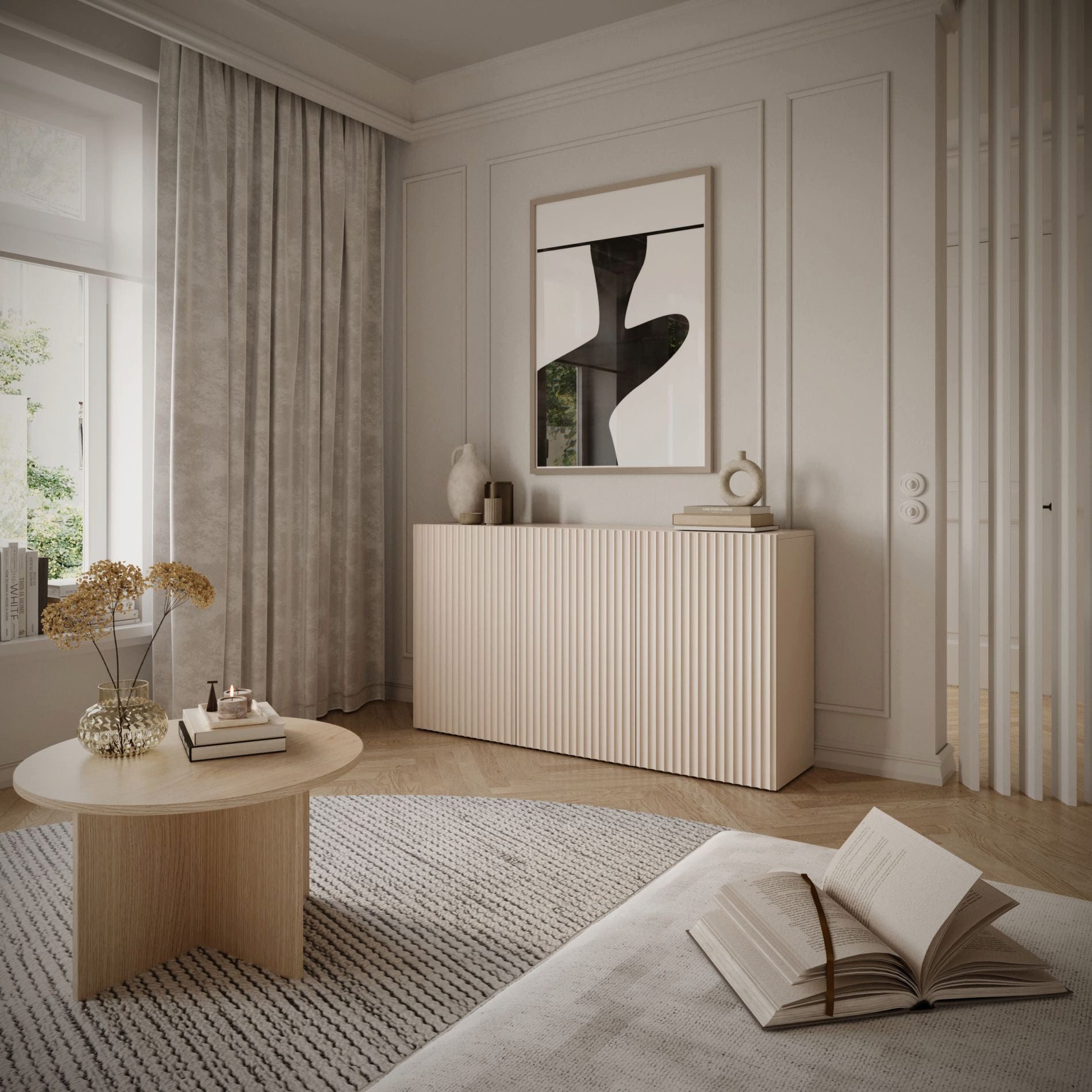 Selsey Sideboard SUNDS, Sideboard in Kaschmirbeige mit Lamellenfront & Push-to-Open