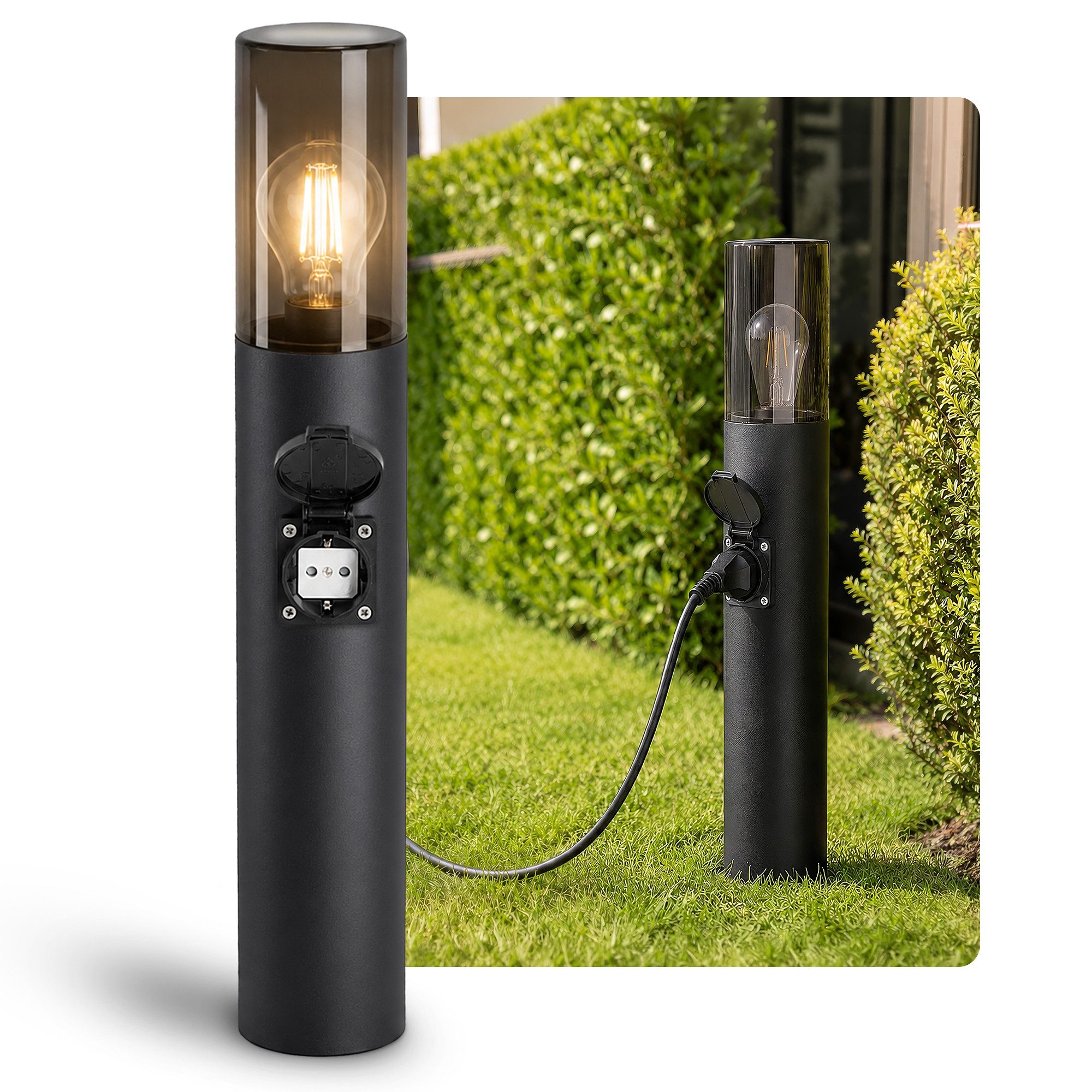 SSC-LUXon LED Gartenstrahler VARDA Wegeleuchte mit Steckdose LED Birne E27 Retro extra warmweiß 3W, Extra Warmweiß