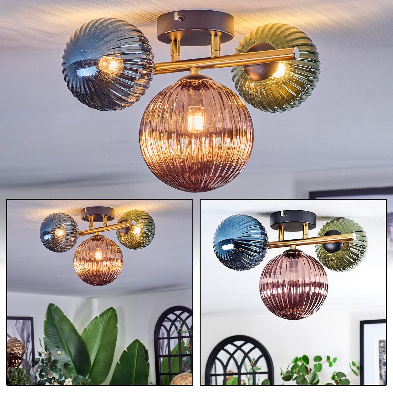 hofstein Deckenleuchte Deckenlampe aus Metall/Riffelglas in Schwarz/Gold/Grün/Blau/Kupfer, ohne Leuchtmittel, Deckenleuchte im modernen Vintage-Design (Schirme Ø 12; 15 cm), 3 x G9
