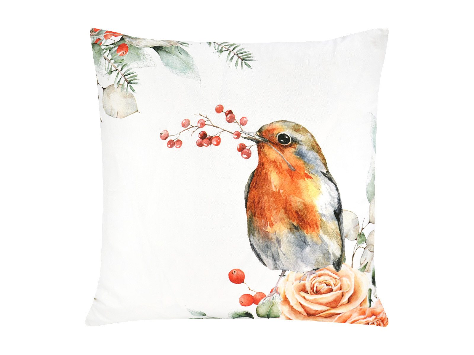 beties Kissenbezug Magie des Winters Frost-Rose, (1 Stück), Rotkehlchen zwischen Rosen & Vogelbeeren – natürlich & winterlich