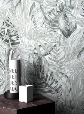 Newroom Vliestapete, Grau Tapete Modern Dschungel - Mustertapete Blumentapete Weiß Schwarz Tropisch Floral Palmen Blätter für Wohnzimmer Schlafzimmer Küche