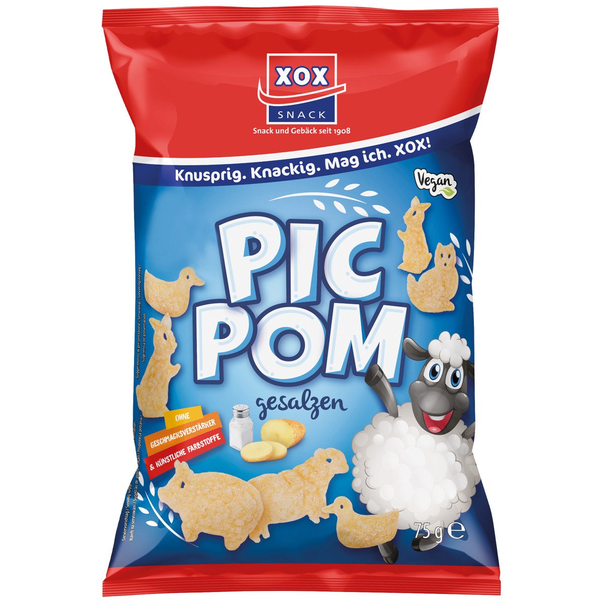 XOX Knabberei, XOX Pic Pom Salz knuspriger Kartoffelsnack mit feiner Salznote 75g